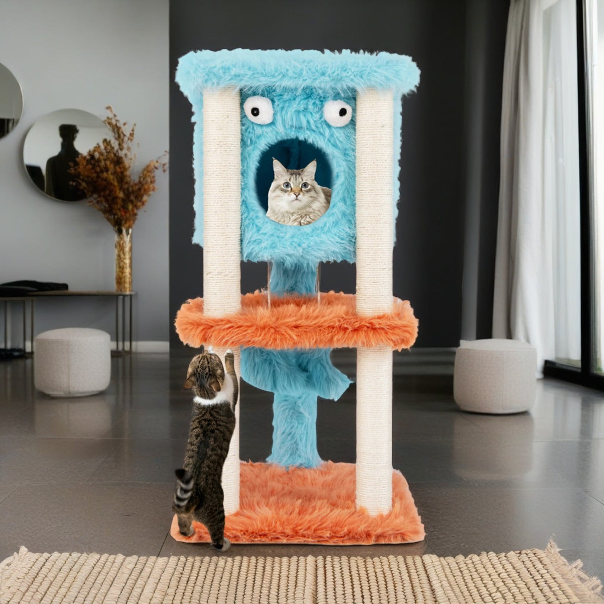 Kadyn 34" Cute Monster-Themed Cat Tree Tower with Private Cat Condos for Small Place, Blue+Orange