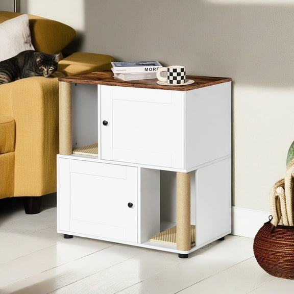 Demi Bonn 34" Double Cat Litter Box Enclosure, Litter Box Furniture Hidden with Scratching Posts, Indoor Cat House, White