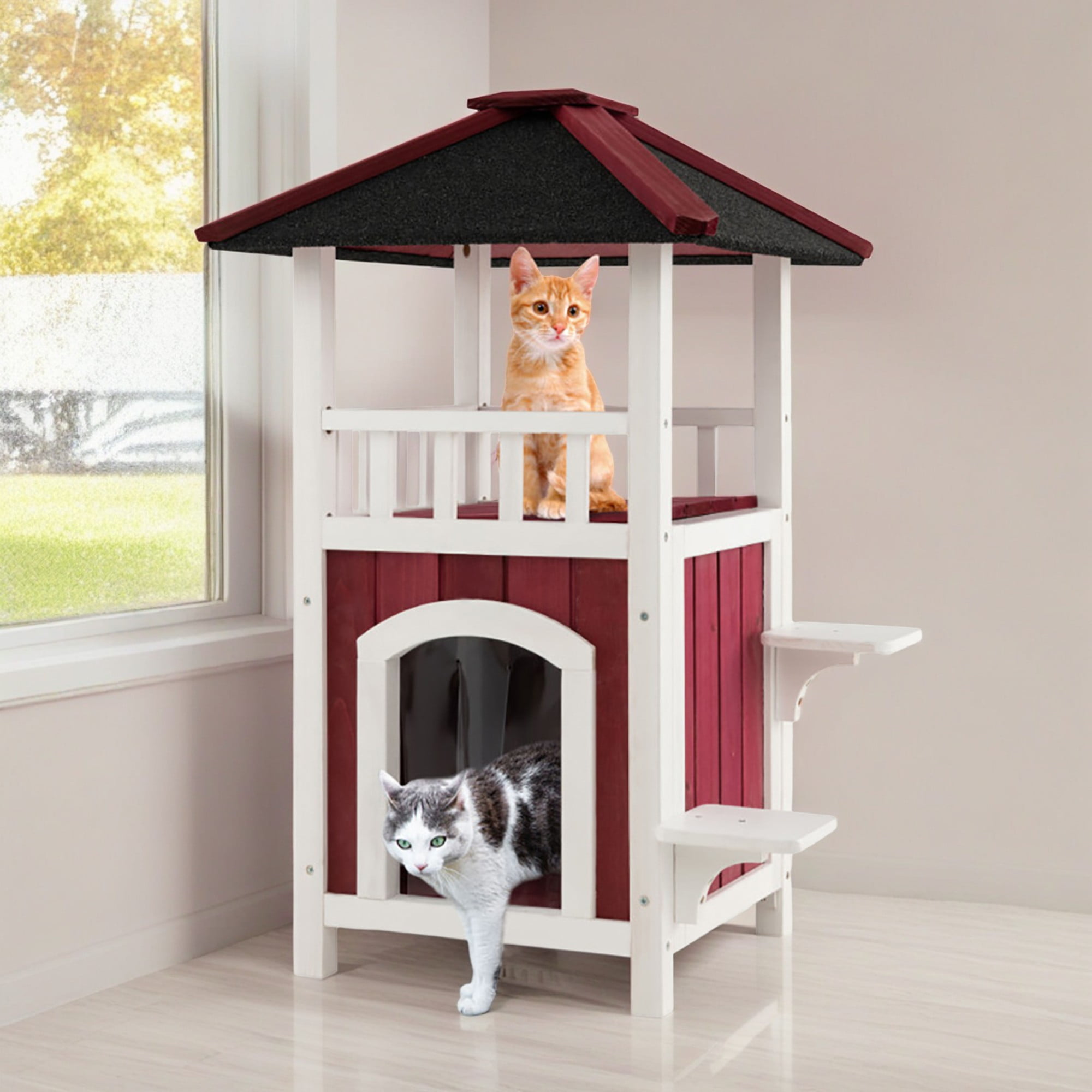 resenkos 34" Feral Cat House, Outdoor Cat Shelter with Asphalt Roof Balcony, Rainproof Outside Kitty Condo with Rain Curtain, Red