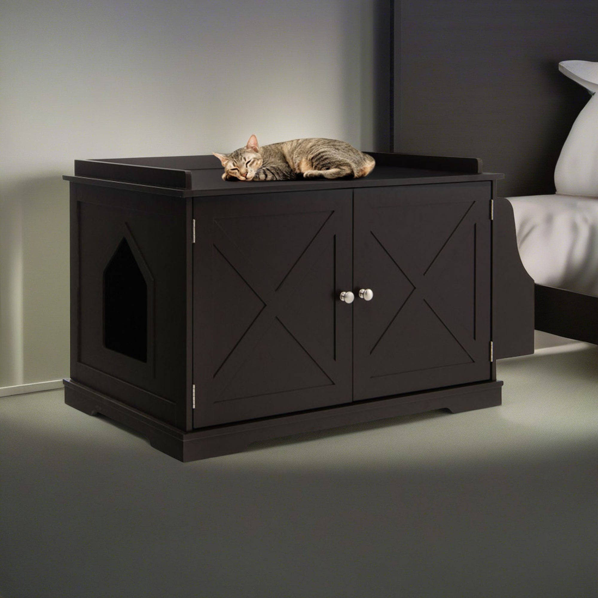 Kadyn 34" Large Cat Litter Box Enclosure, Wood Hidden Cat House Washroom Furniture for Living Room, Bedroom, Bathroom with Magazine Rack, Brown