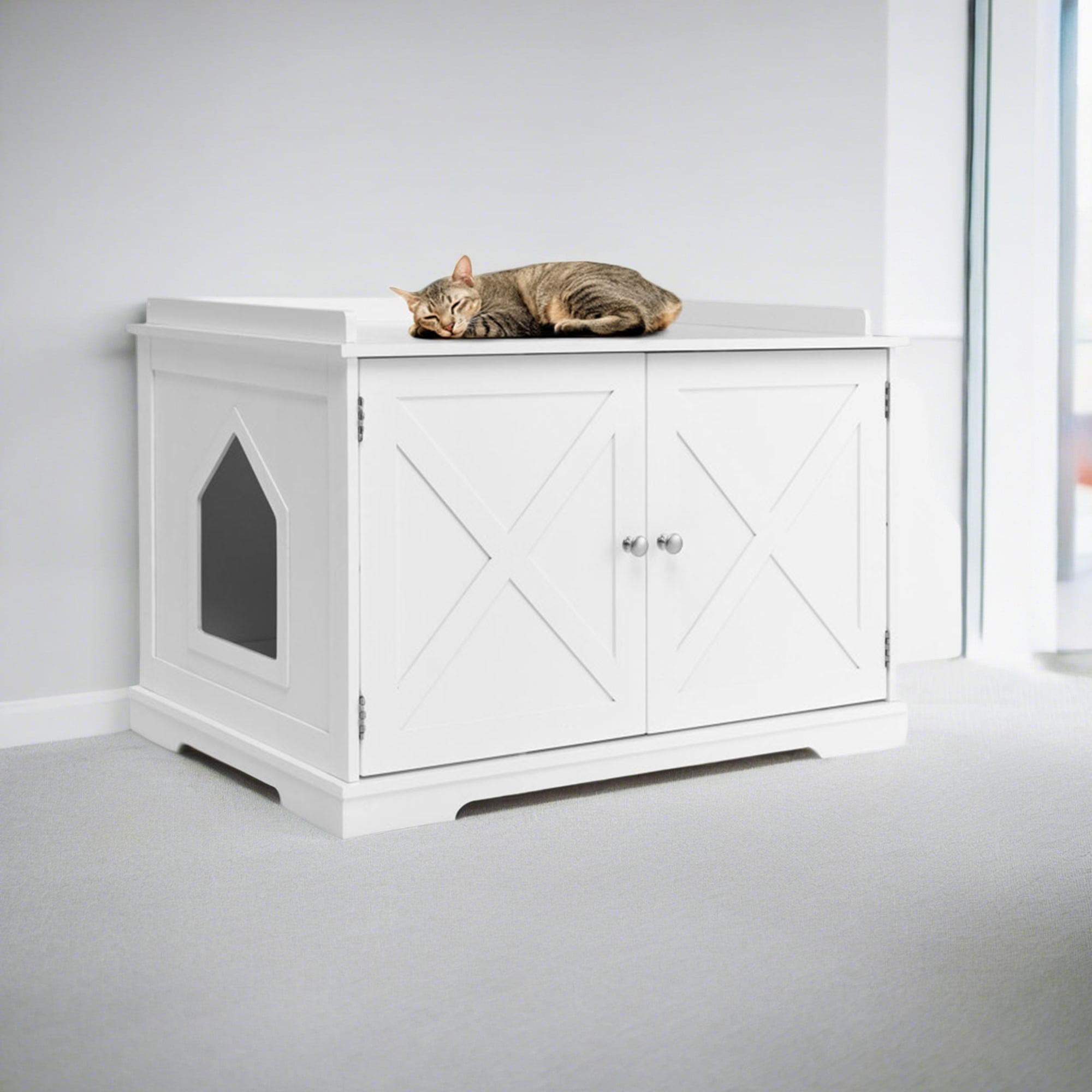 resenkos 34" Large Cat Litter Box Enclosure, Wood Hidden Cat House Washroom Furniture for Living Room, Bedroom, Bathroom with Magazine Rack, White