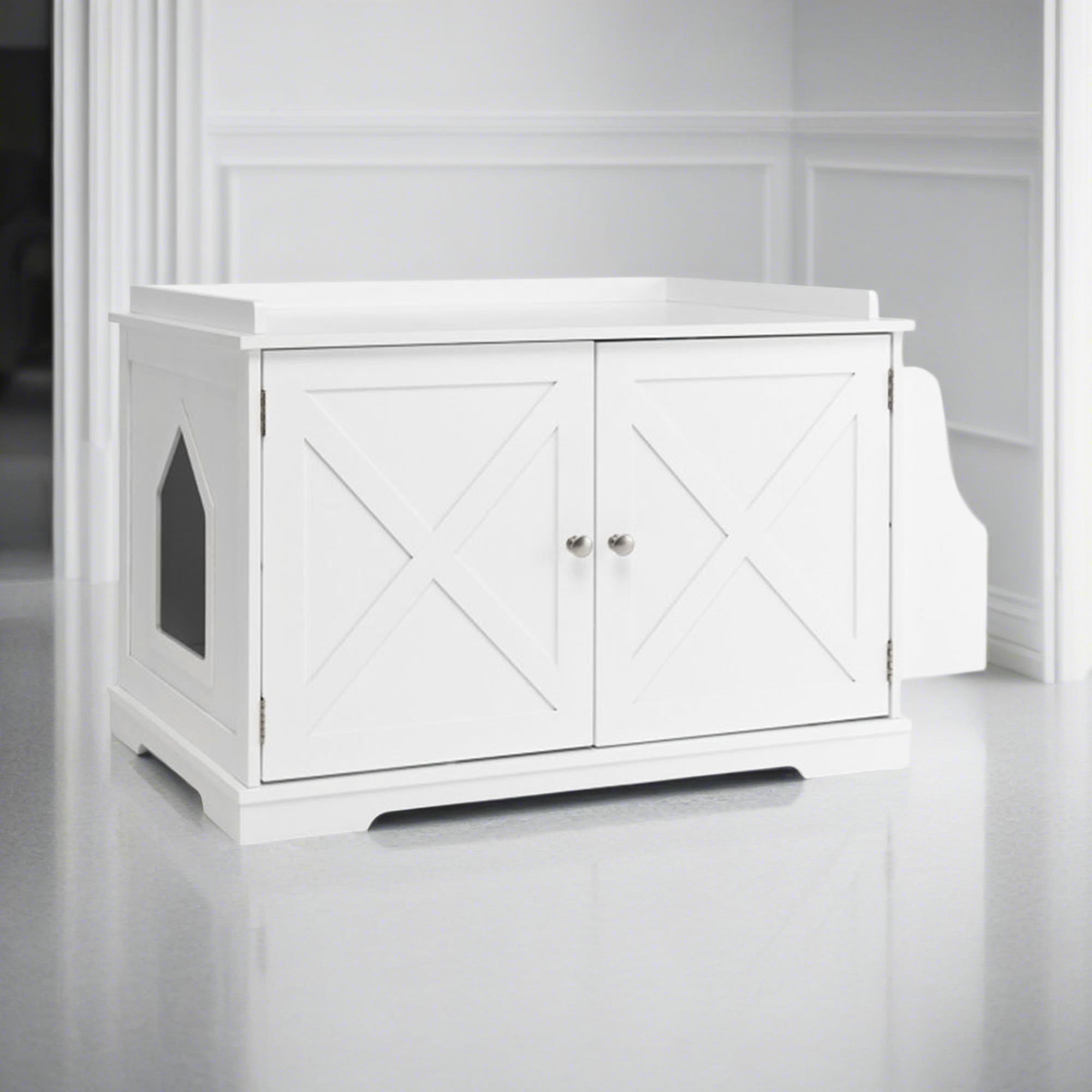 Kadyn 34" Large Enclosed Cat Litter Box Enclosure, Wood Hidden Cat Washroom, Cat House with Magazine Rack, White