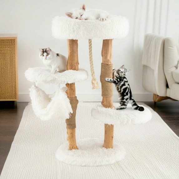 Demi Bonn 34" Modern Cat Tree Tower for Indoor Cats with Perch, Cat Condo, Solid Wood Cat Tree House with Scratching Posts for Large Cats, White