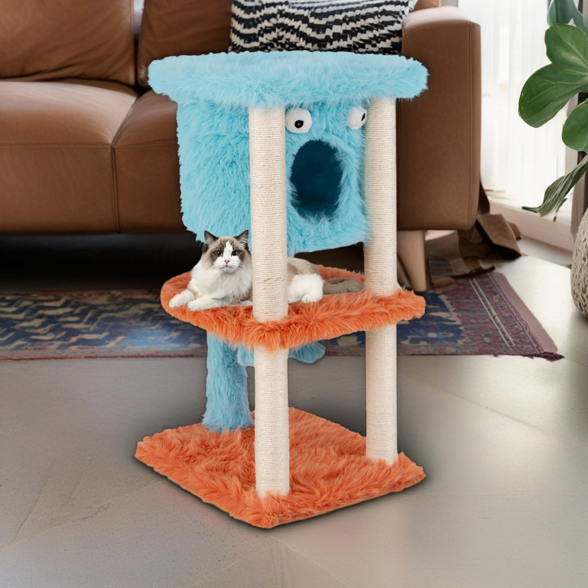 resenkos 34" Monster-Themed Cat Tree Tower with Cat Condo, Kitten Plush Habitat with Scratch Posts Toy Cat Tree House, Blue+Orange