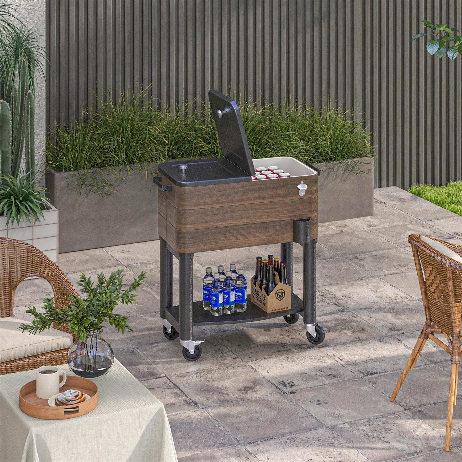 Demi Bonn 34" Rolling Outdoor Cooler Cart with Ice Chest, Bottom Shelf & Bottle Opener for Poolside and Backyard, Brown