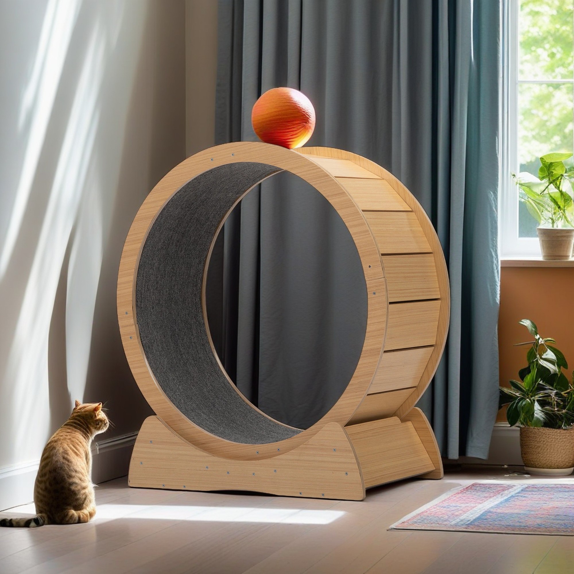 resenkos 34" Round Cat Exercise Wheel with Carpet Runway, Wooden Sisal-Covered Cat Scratcher Toy, Beige