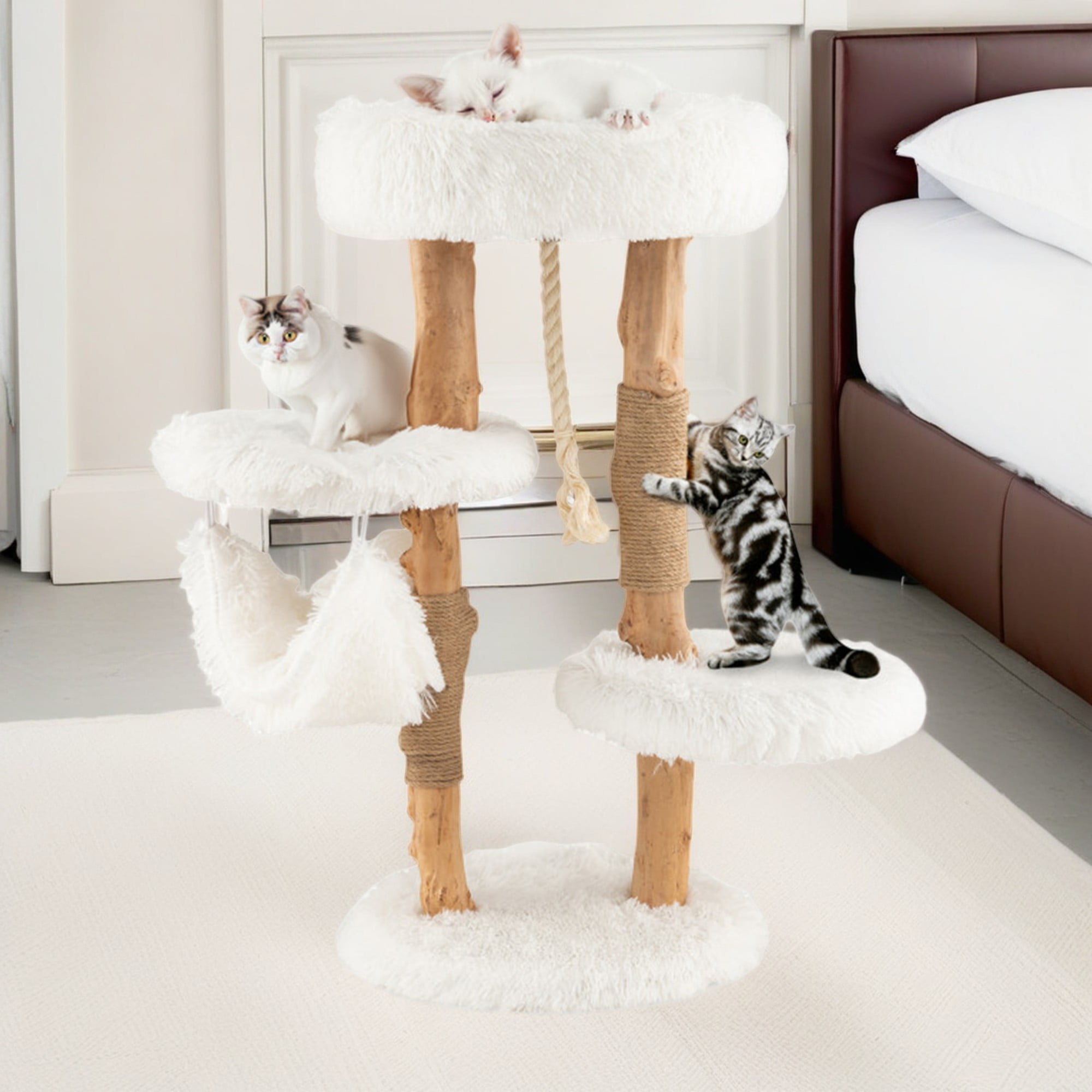 Kadyn 34" Solid Wood Cat Tree Tower for Indoor, Modern Cat Condo with Scratching Post, Cat Climbing Tree House Furniture, White