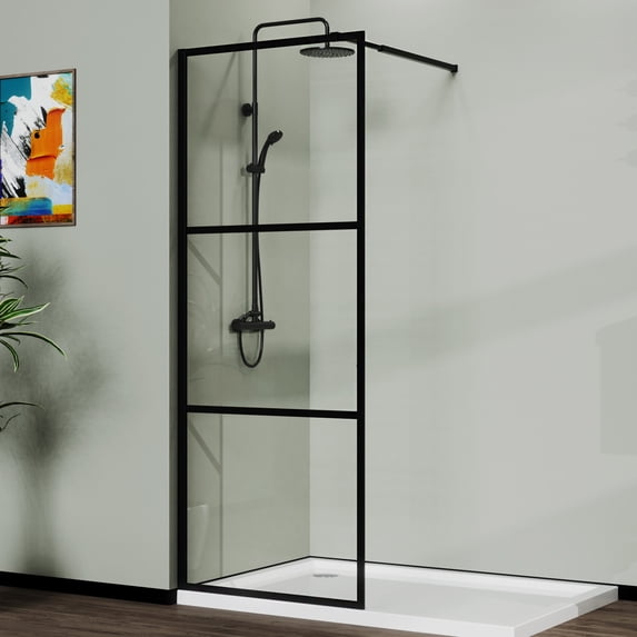 Demi Bonn 34" x 72" Shower Screen Door, Stylish 3-Panel Walk-In Wet Room Divider, Clear Tempered Glass Shower Door, Black
