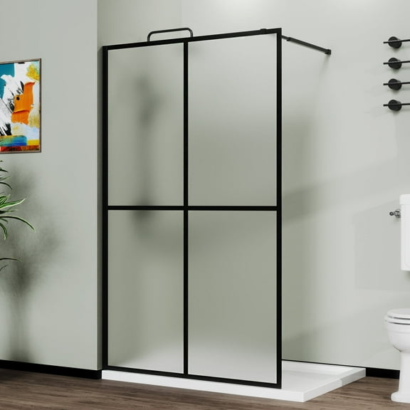 Demi Bonn 34" x 72" Shower Screen Door, Stylish 4-Panel Walk-In Wet Room Divider, Frost Tempered Glass Shower Door, Black
