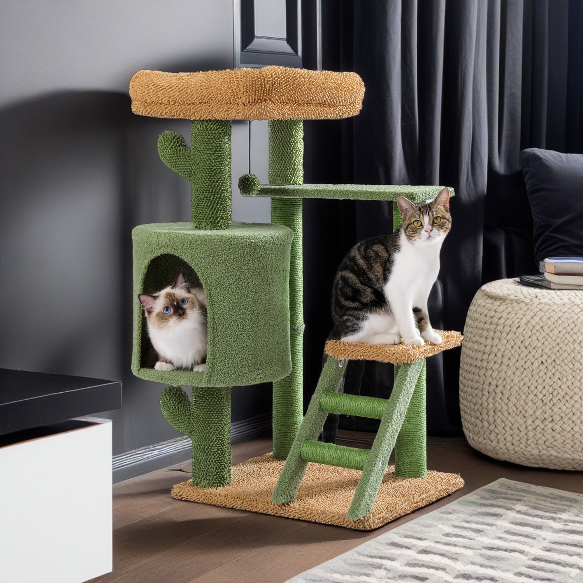 resenkos 35" Cactus Cat Tree Tower with Sisal Covered Scratching Post for Indoor Cats, Cat Tree House with Plush Perch and Climbing Ladder, Cat Condo, Green