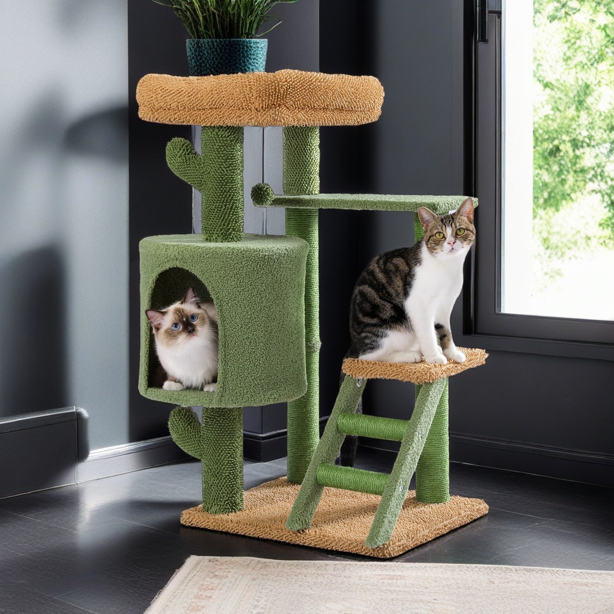 Kadyn 35" Cactus Cat Tree Tower for Indoor Cats, Cat Climbing Stand with Climbing Ladder for Multi-Level Cat Condo, Green