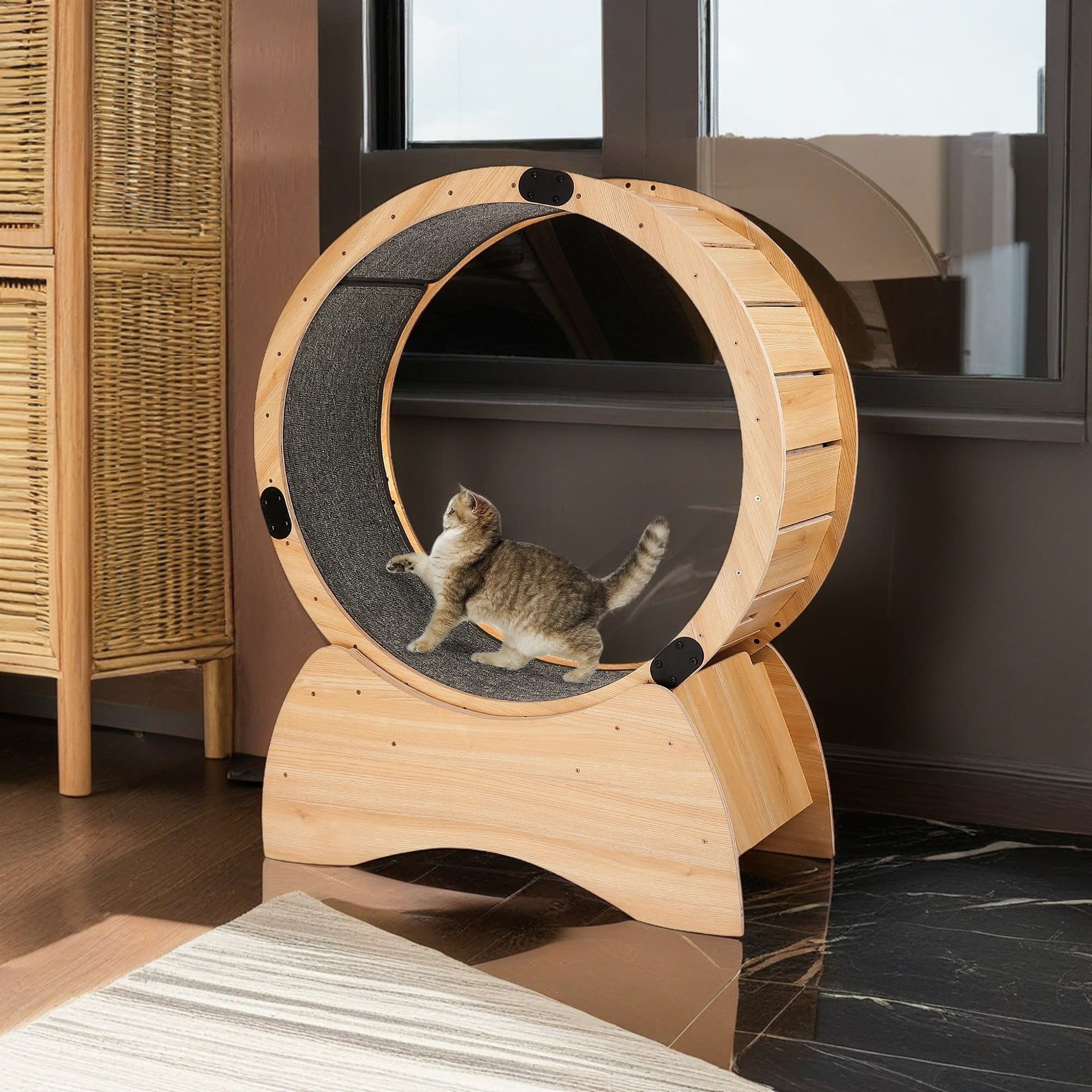 resenkos 35" Cat Exercise Wheel, Cat Treadmill with Carpeted Runway, Kitty Cat Wheel Sport Toy, Great for Daily Exercise and Weight Loss, Beige