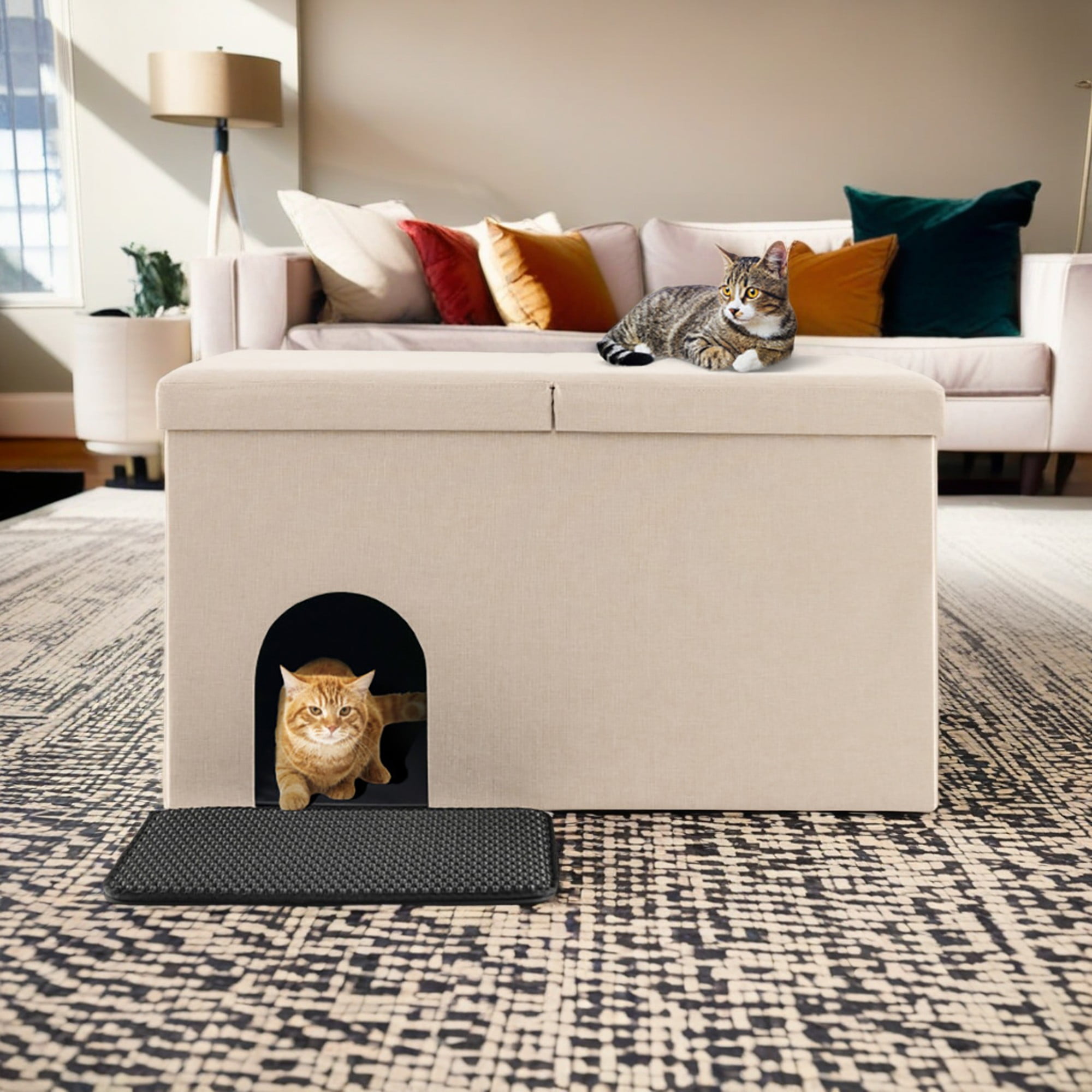 resenkos 35" Cat House for Indoor Cats, Cat Litter Box Enclosure with Urine Proof Litter Mat, Kitty Condo Bed Cave, Beige