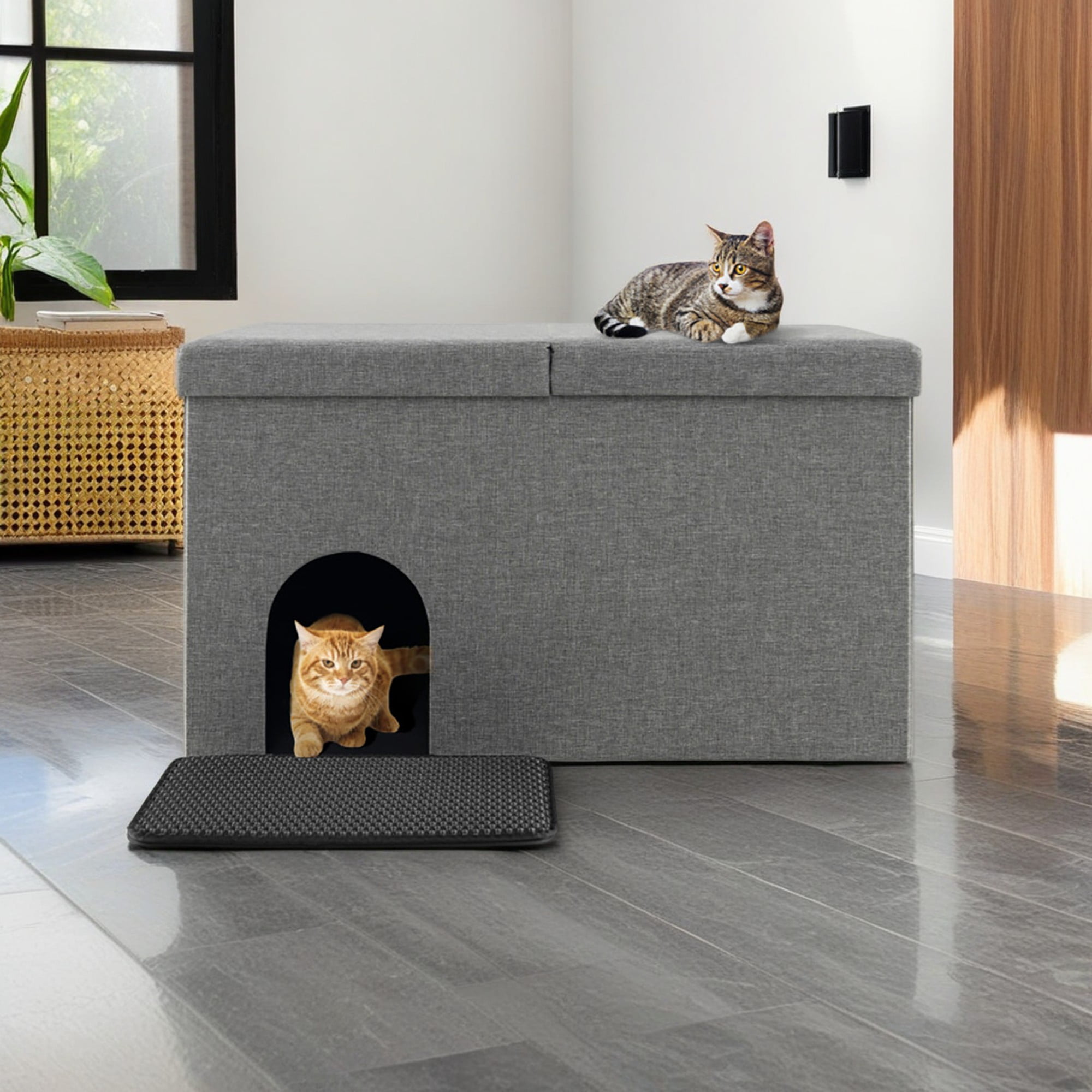 Kadyn 35" Cat House for Indoor Cats, Cat Litter Box Enclosure with Urine Proof Litter Mat, Kitty Condo Bed Cave, Gray