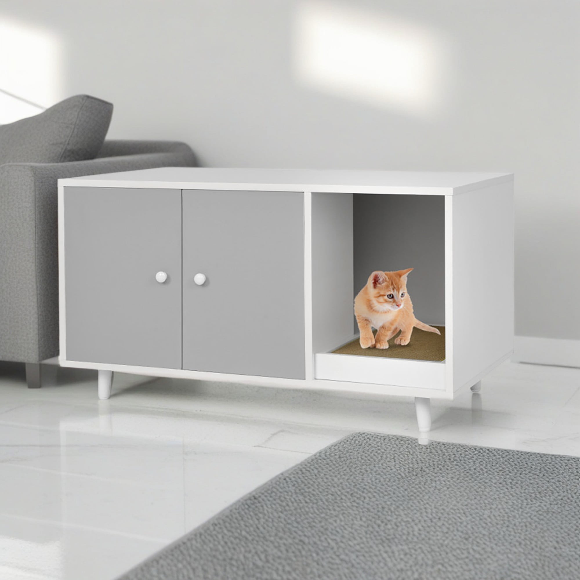 resenkos 35" Cat Litter Box Enclosure Hidden Litter Box Furniture, Wooden Cat Washroom Cat House with Scratch Pad, Gray