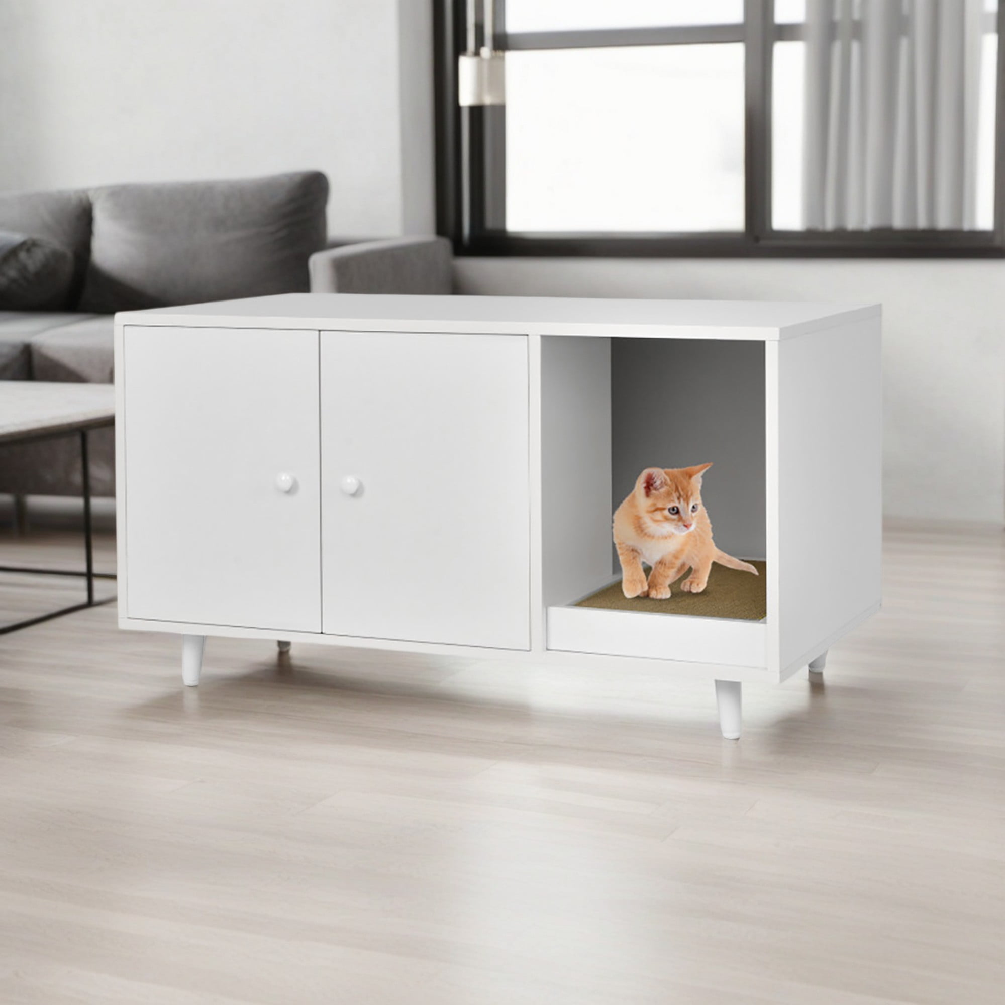 resenkos 35" Cat Litter Box Enclosure Hidden Litter Box Furniture, Wooden Cat Washroom Cat House with Scratch Pad, White