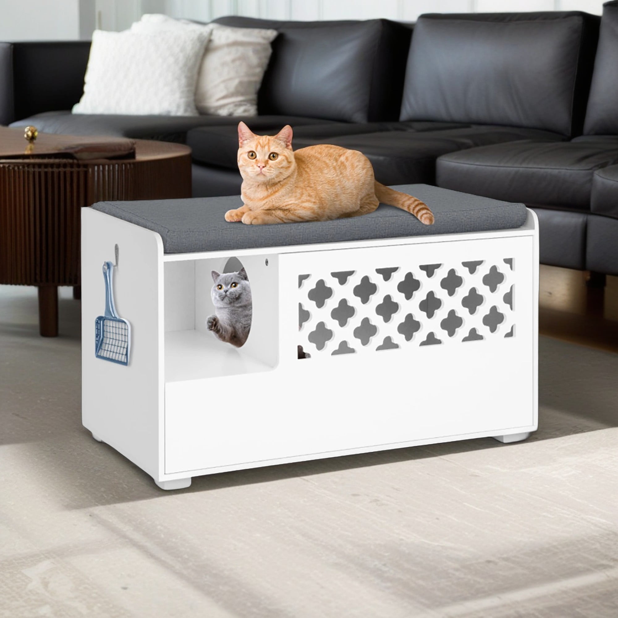 Kadyn 35" Cat Litter Box Enclosure Hidden, Wooden Cat Furniture Storage Bench Kitty Cat Washroom, Indoor Cat Box Cabinet Fit Most of Litter Box, White