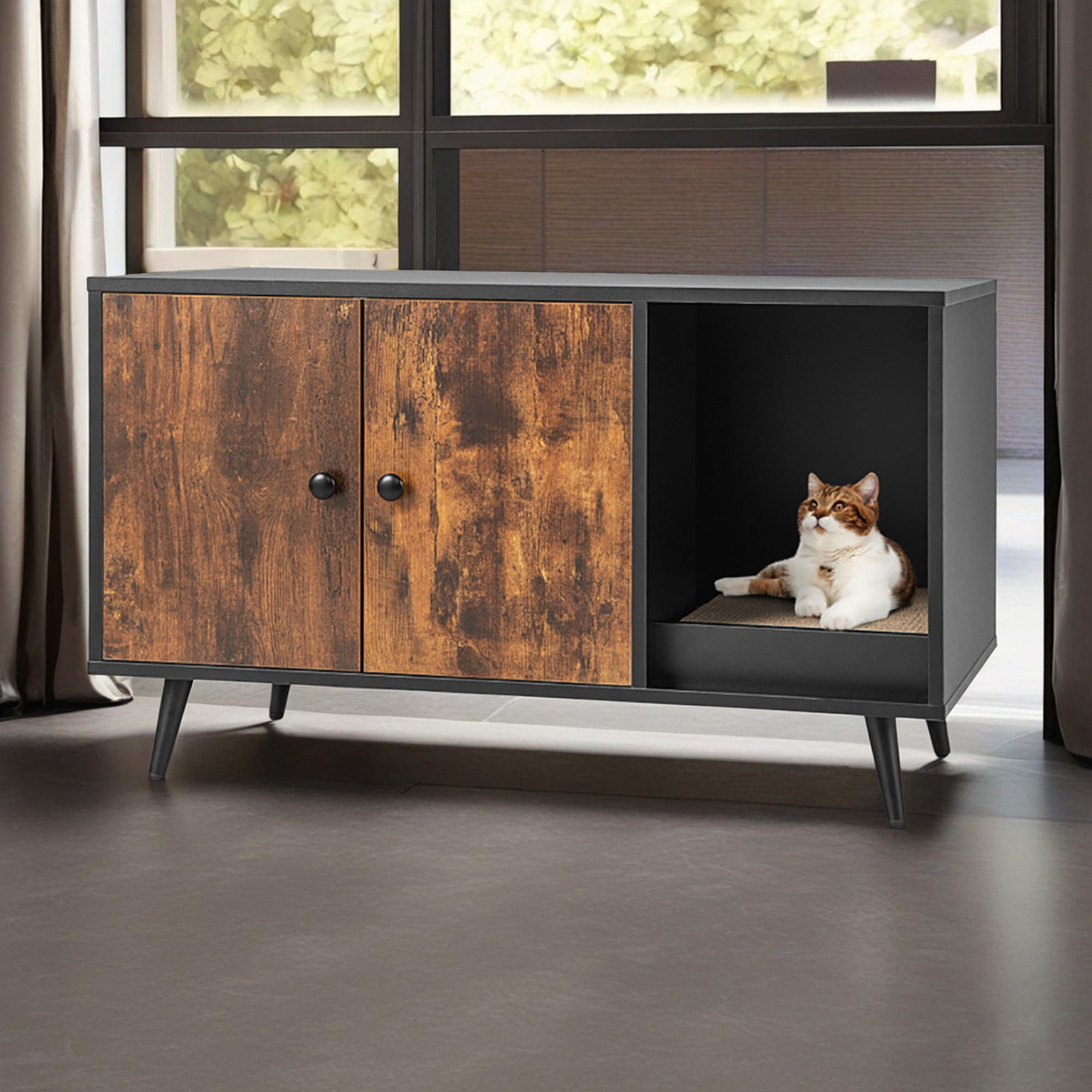 resenkos 35" Cat Litter Box Furniture Hidden, Cat House Enclosure with Double Door, Wood Cat Washroom Storage Spacious Storage, Black