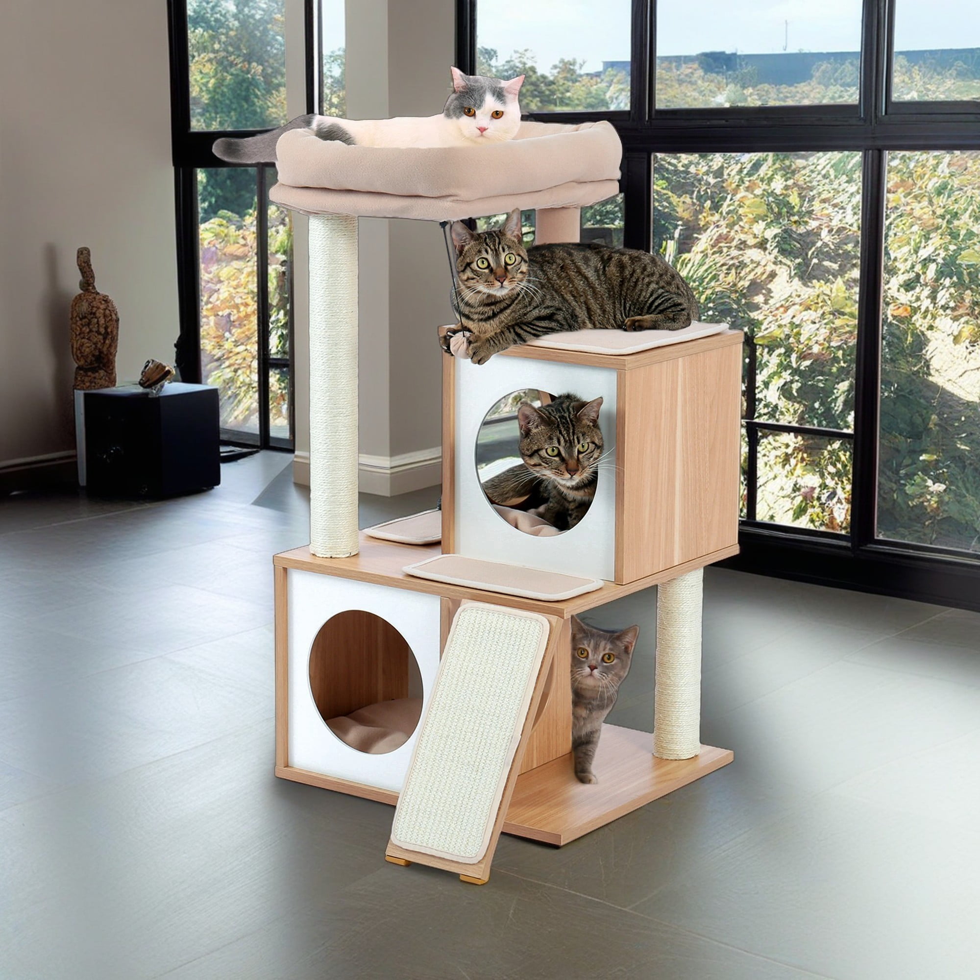 Kadyn 35" Cat Tree Houses for Indoor Cats Wooden Cat Tower Featuring 2 Condo, Removable Soft Perches Kittens, Beige