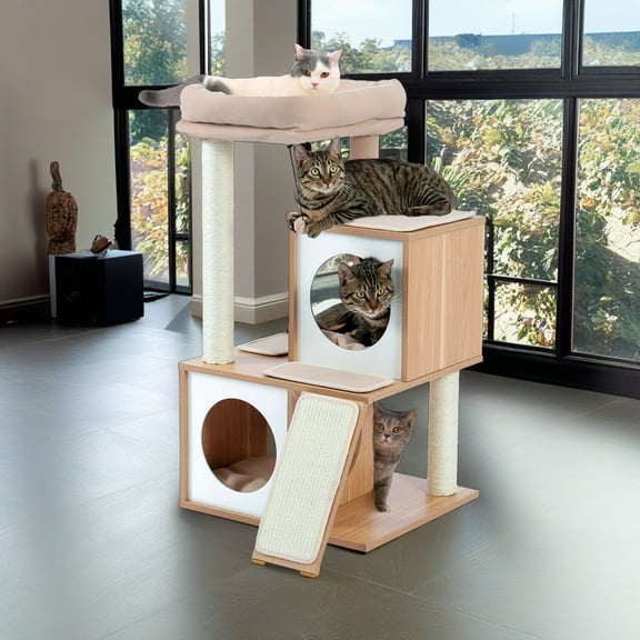 Demi Bonn 35" Cat Tree Houses for Indoor Cats Wooden Cat Tower Featuring 2 Condo, Removable Soft Perches Kittens, Beige