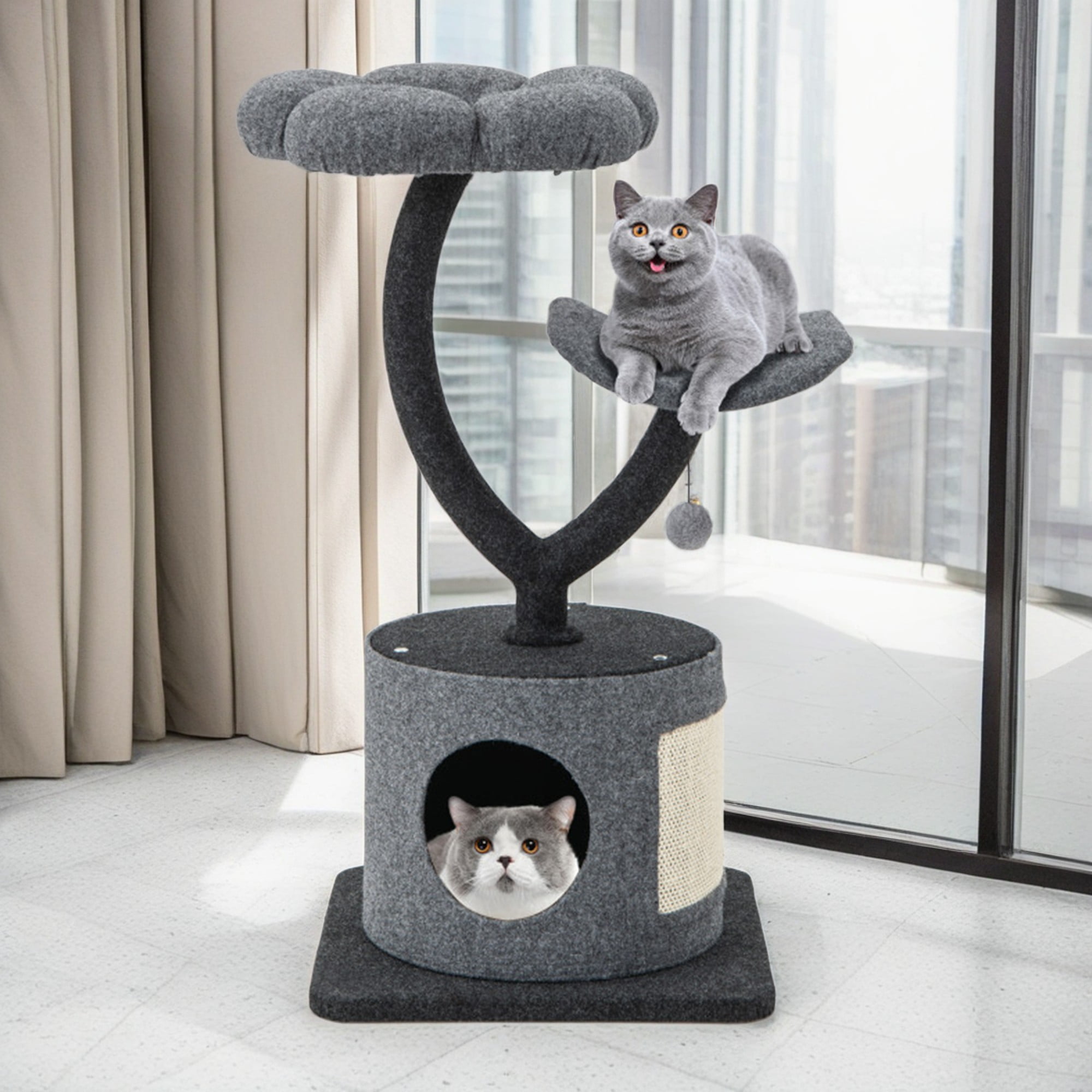resenkos 35" Cat Tree Tower, Small Cat Condo with Sisal Scratching Board, Curved Metal Supporting Frame Cat Tree House with Perch and Hanging Ball, Gray