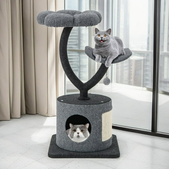 Demi Bonn 35" Cat Tree Tower, Small Cat Condo with Sisal Scratching Board, Curved Metal Supporting Frame Cat Tree House with Perch and Hanging Ball, Gray