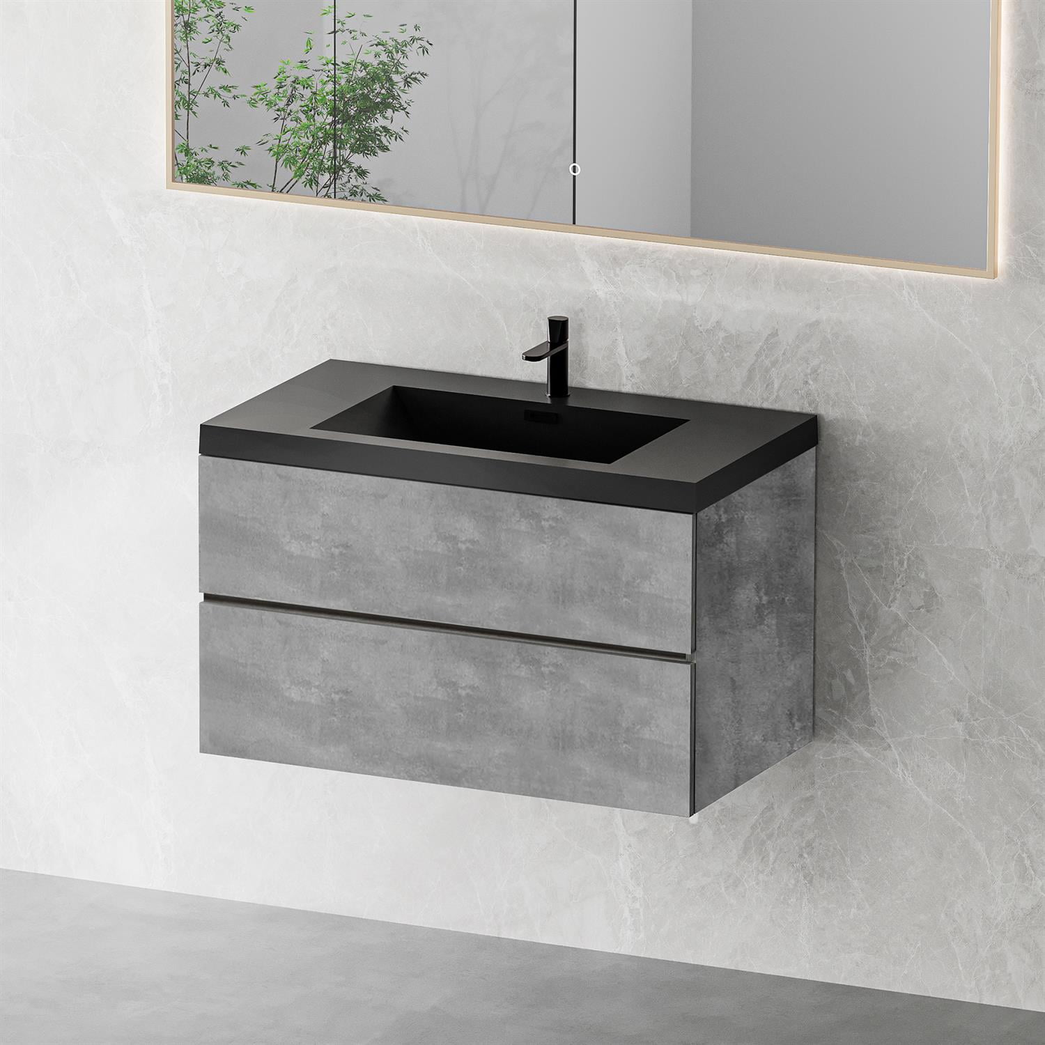 Demi Bonn 35" Floating Bathroom Vanity with Sink, Black Quartz Sand Top Basin and 2 Soft Close Drawers, Faucets and Drains Not Included, Gray