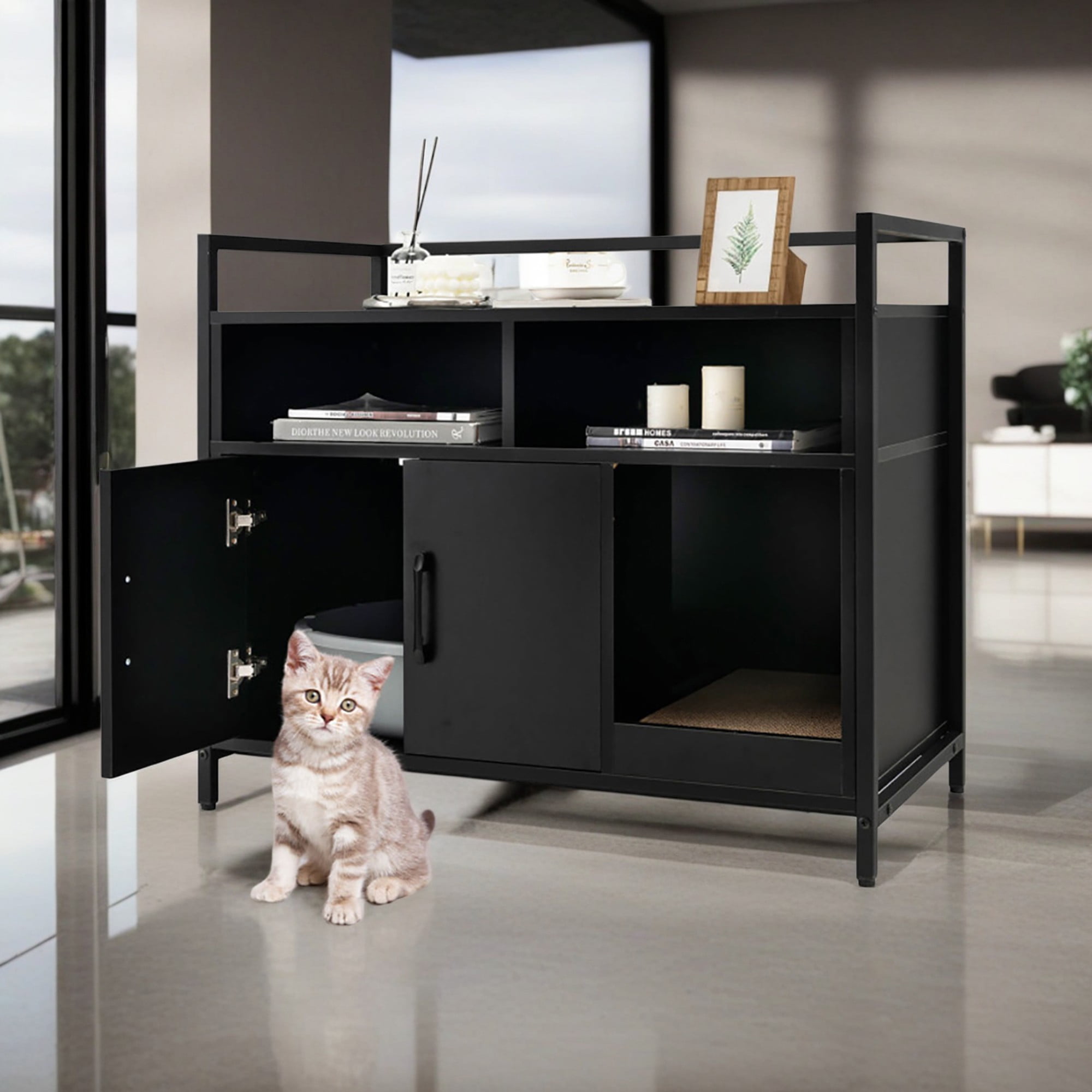 Kadyn 35" Hidden Cat House Washroom with 2-Doors and Scratch Cardboard, Wooden Cat Litter Box Enclosure Furniture, Black