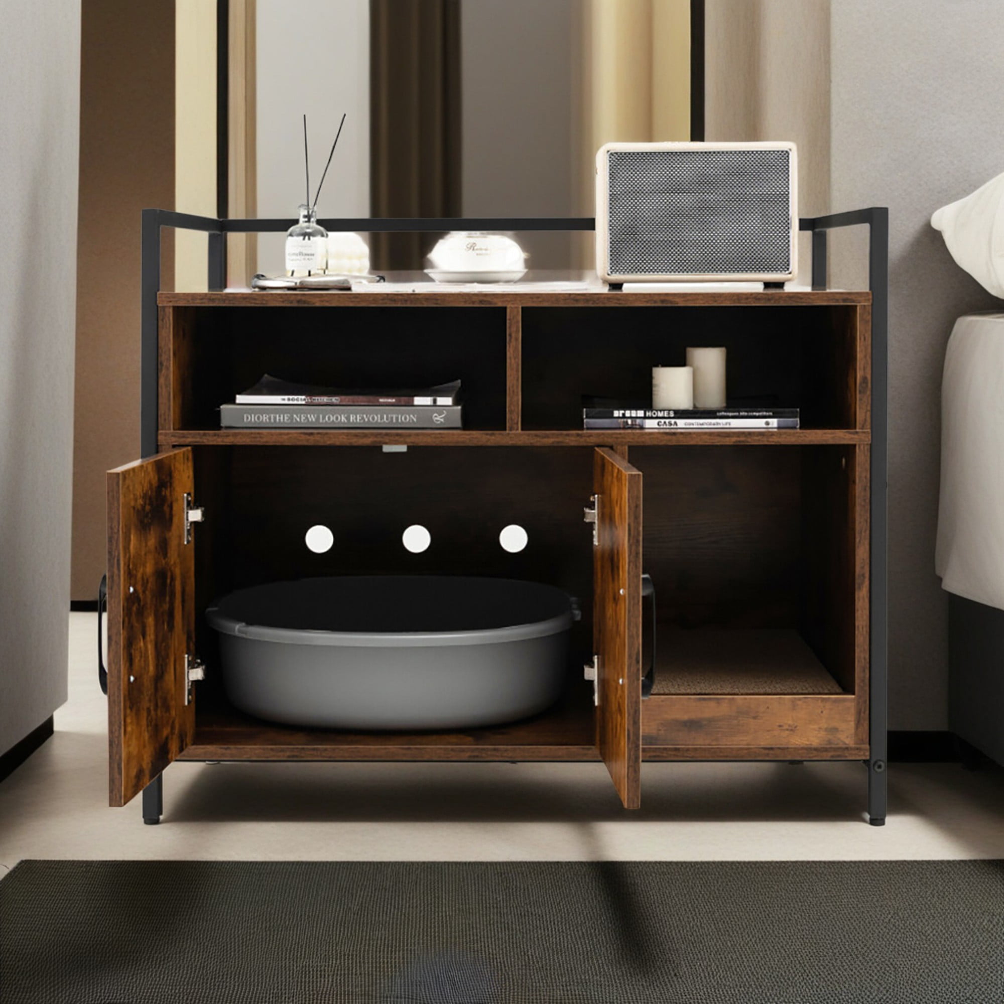 resenkos 35" Hidden Cat House Washroom with 2-Doors and Scratch Cardboard, Wooden Cat Litter Box Enclosure Furniture, Brown