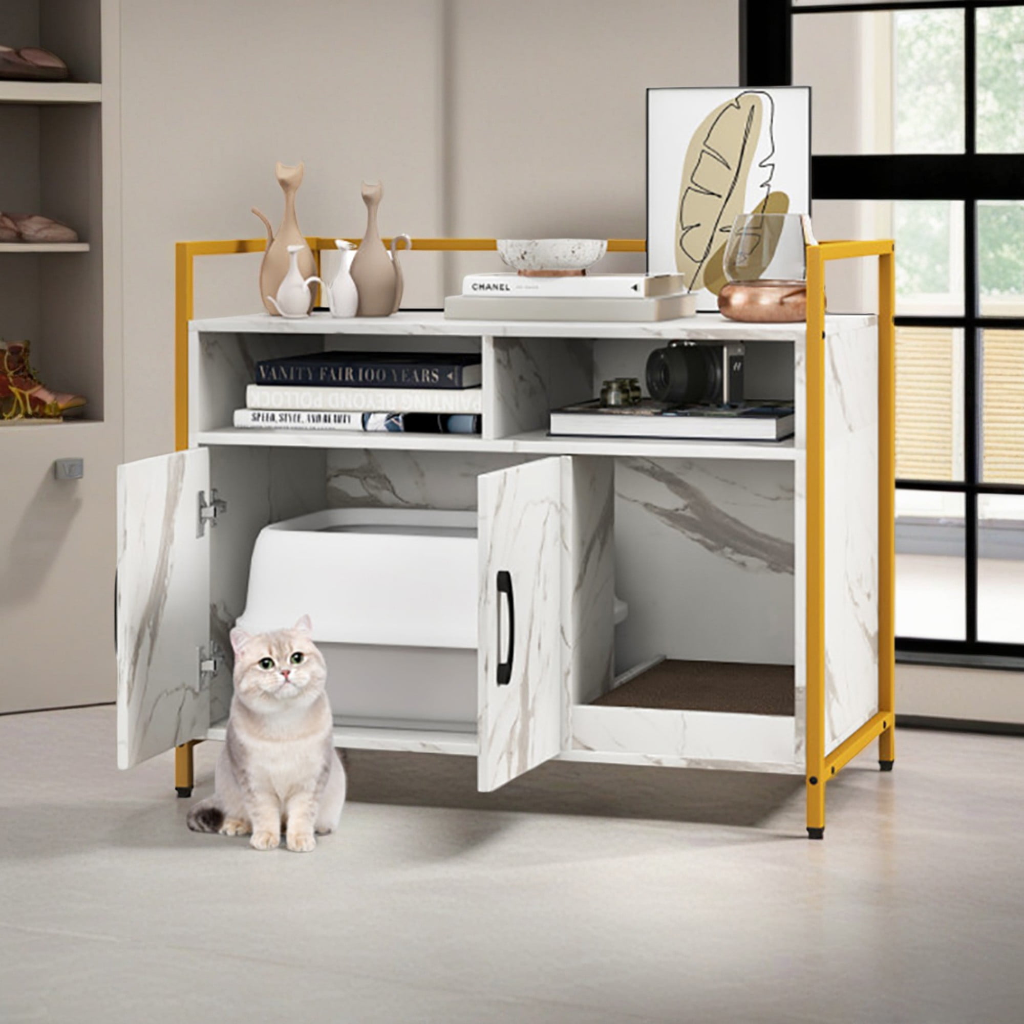 Kadyn 35" Hidden Cat House Washroom with 2-Doors and Scratch Cardboard, Wooden Cat Litter Box Enclosure Furniture, White