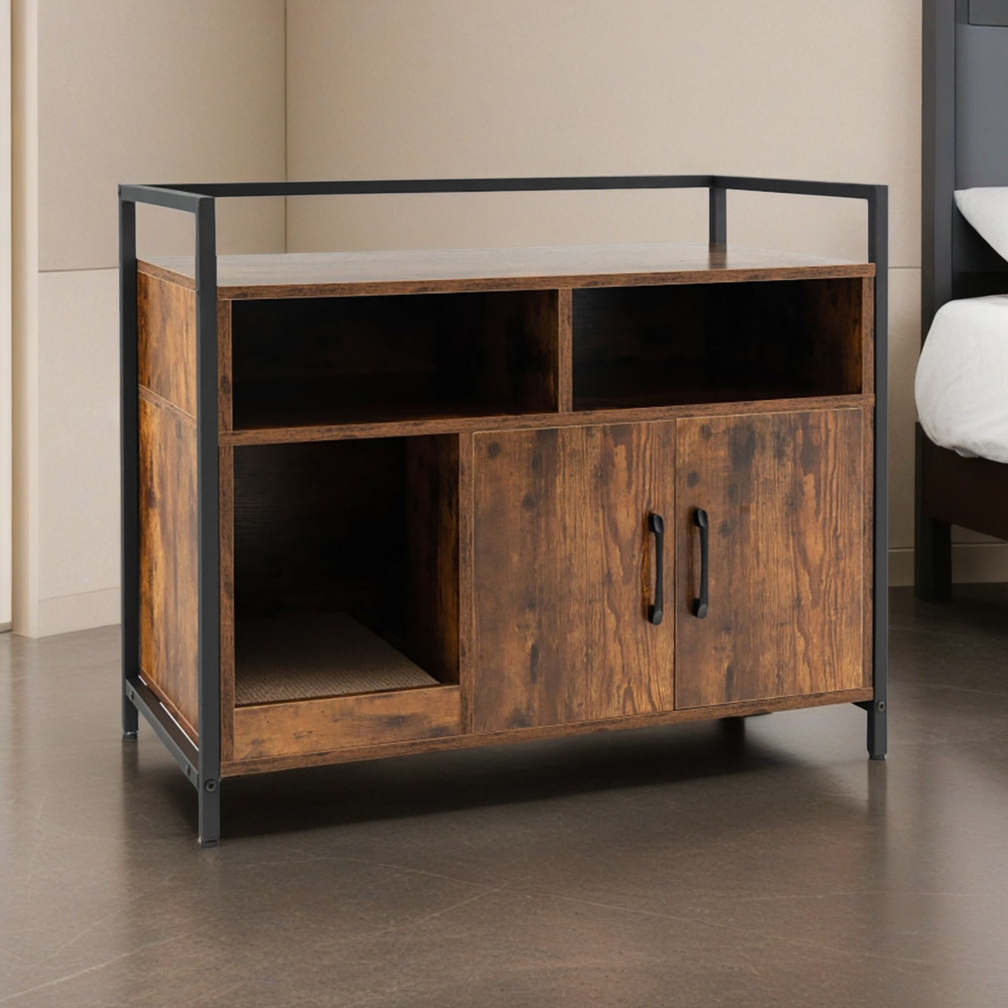 resenkos 35" Hidden Cat Litter Box Enclosure Furniture, Cat Washroom with Cat Scratcher, 2-Door Cat House, Metal Frame, Wooden Litter Box Furniture, Brown