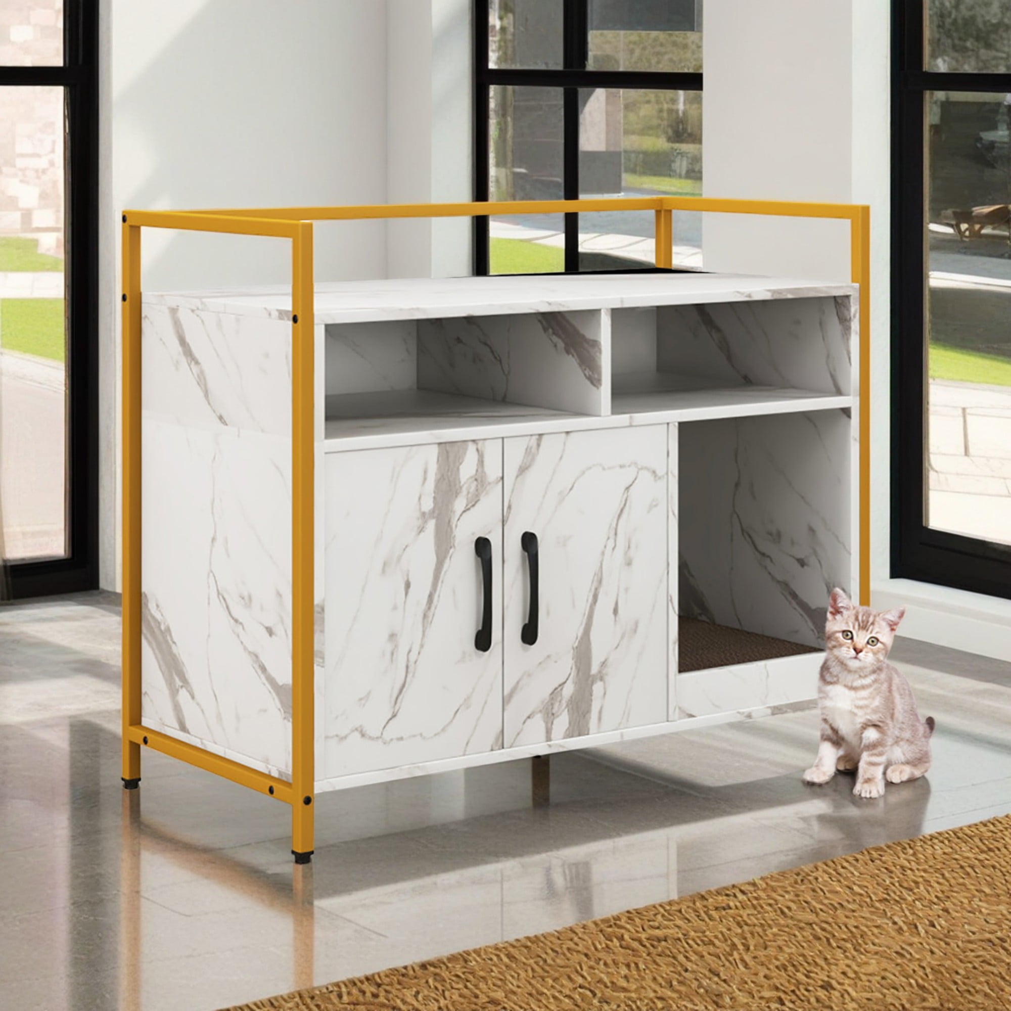 Kadyn 35" Hidden Cat Litter Box Enclosure Furniture, Cat Washroom with Cat Scratcher, 2-Door Cat House, Metal Frame, Wooden Litter Box Furniture, White