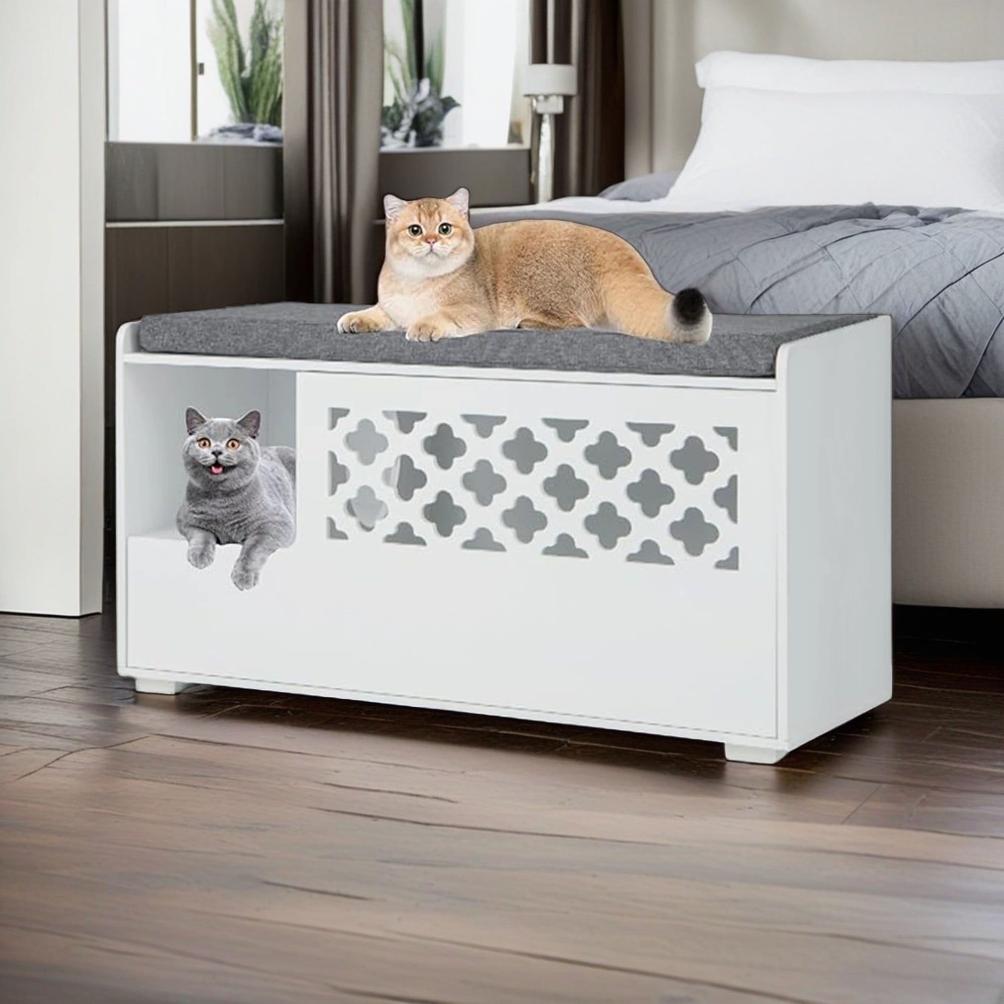 resenkos 35" Hidden Cat Litter Box Enclosure, Cat Litter Box Furniture with Removable Cushion and Front Open Door, Indoor Cat Box Cabinet, Cat Washroom for Kitty, White