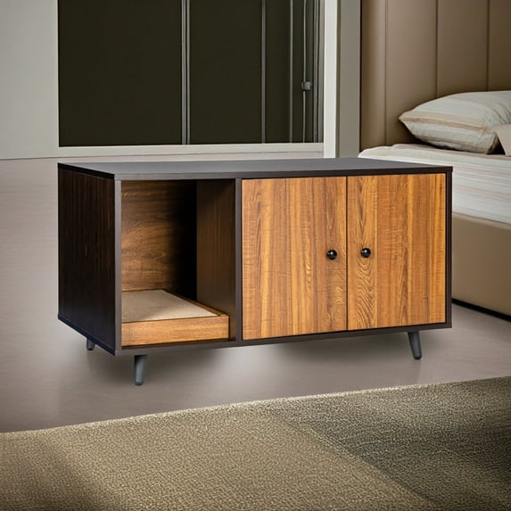 Demi Bonn 35" Hidden Cat Litter Box Enclosure with Divider and Double Doors, Cat House Washroom Furniture, Brown