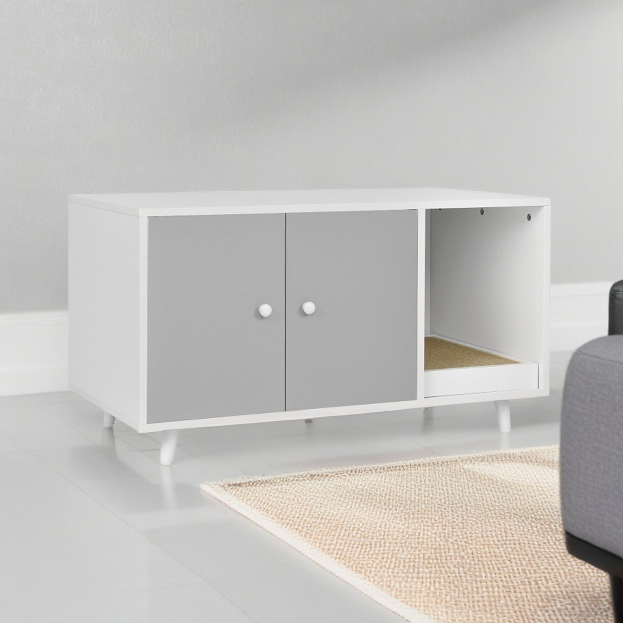 resenkos 35" Hidden Cat Litter Box Enclosure with Divider and Double Doors, Cat House Washroom Furniture, Gray