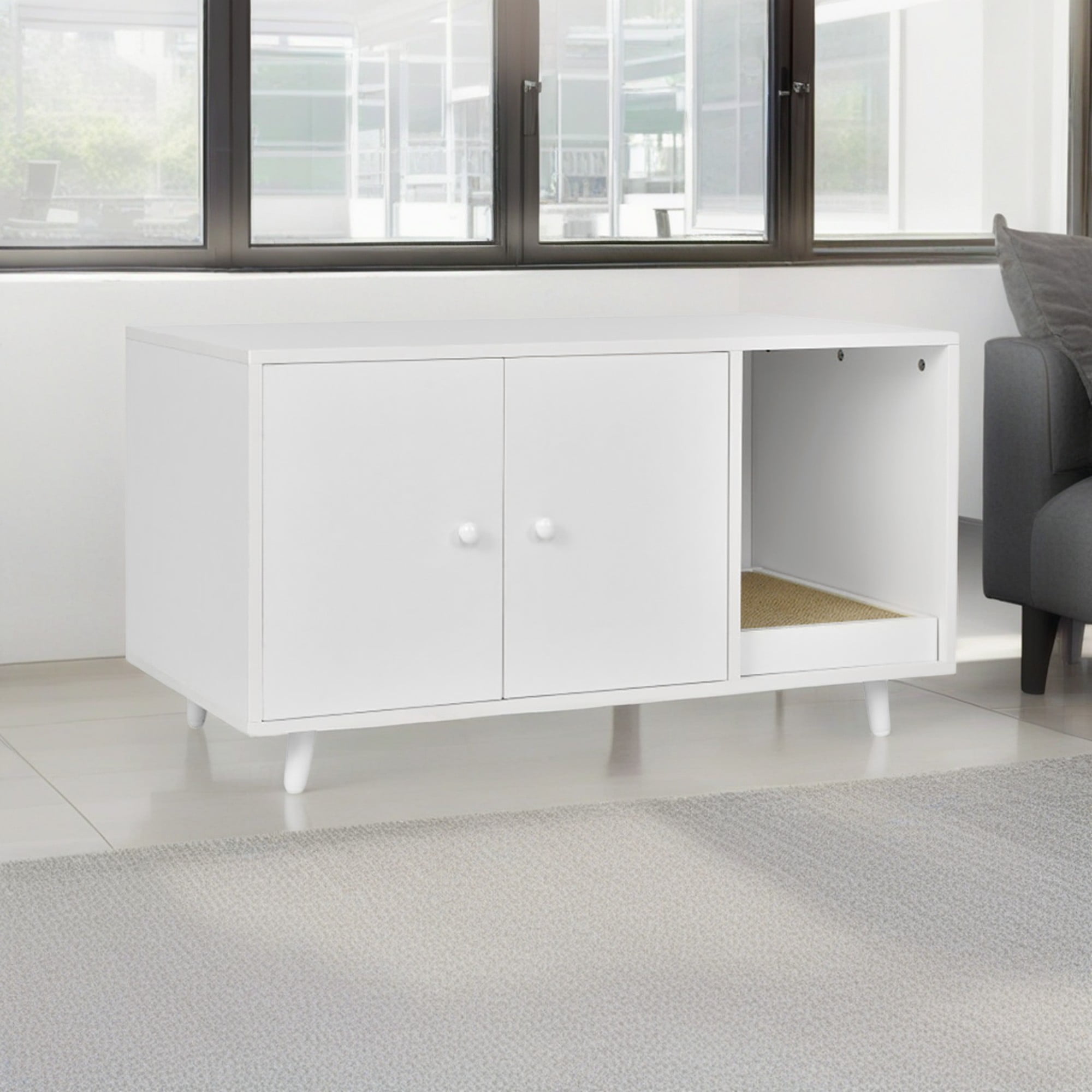 Kadyn 35" Hidden Cat Litter Box Enclosure with Divider and Double Doors, Cat House Washroom Furniture, White