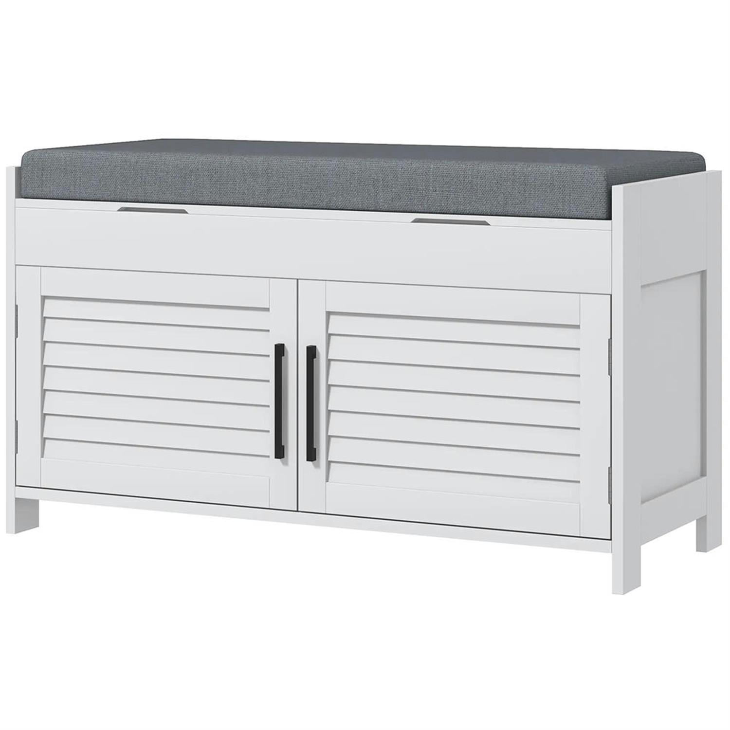 Demi Bonn 35" Modern Entryway Bench with Cushion, Hidden Storage, Shutter Doors, Adjustable Shelves, White