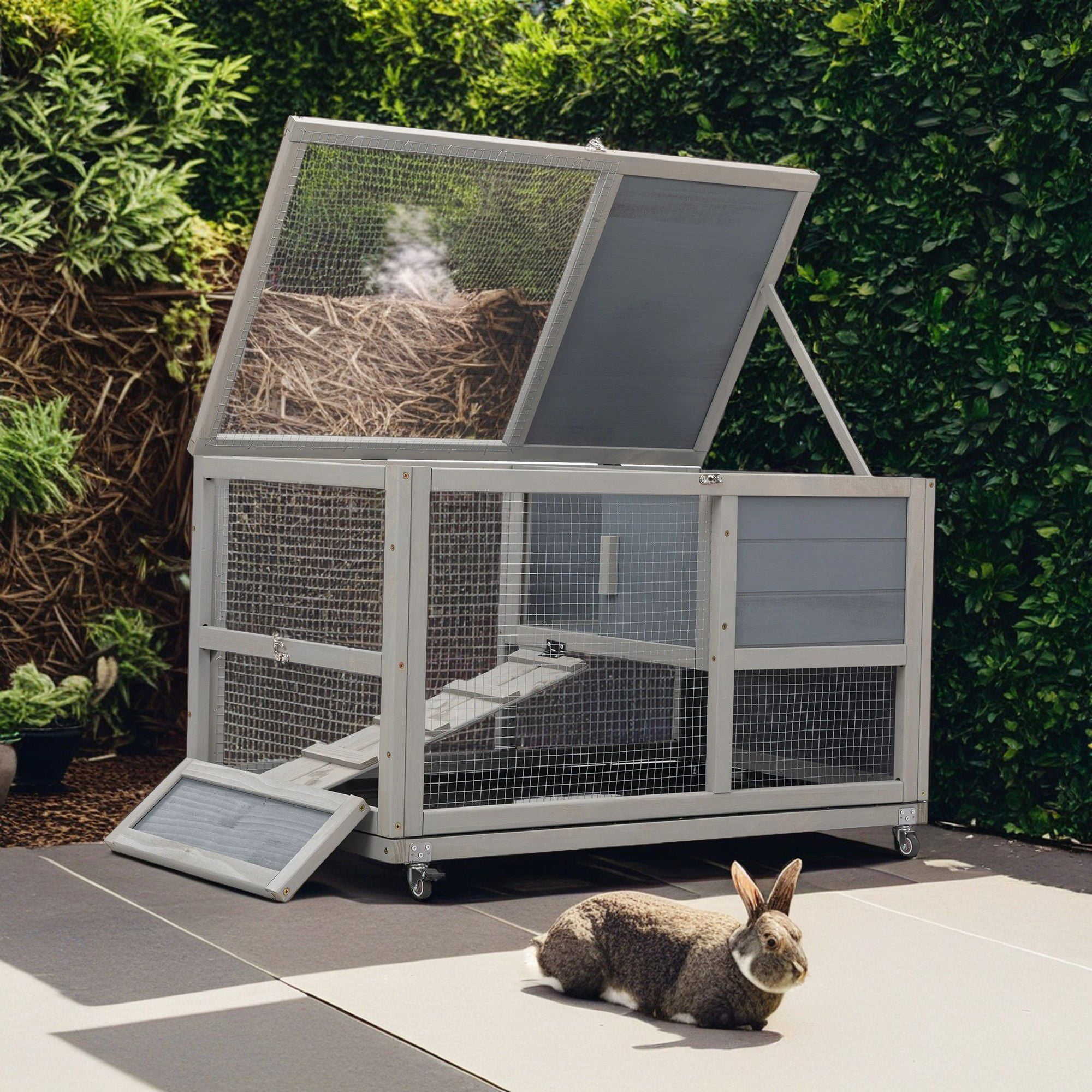 resenkos 35" Outdoor Rabbit Hutch with Wheels, Wood Bunny House with Ramp, Tray, Doors, Openable Top Small Animal Pet Cage, Gray
