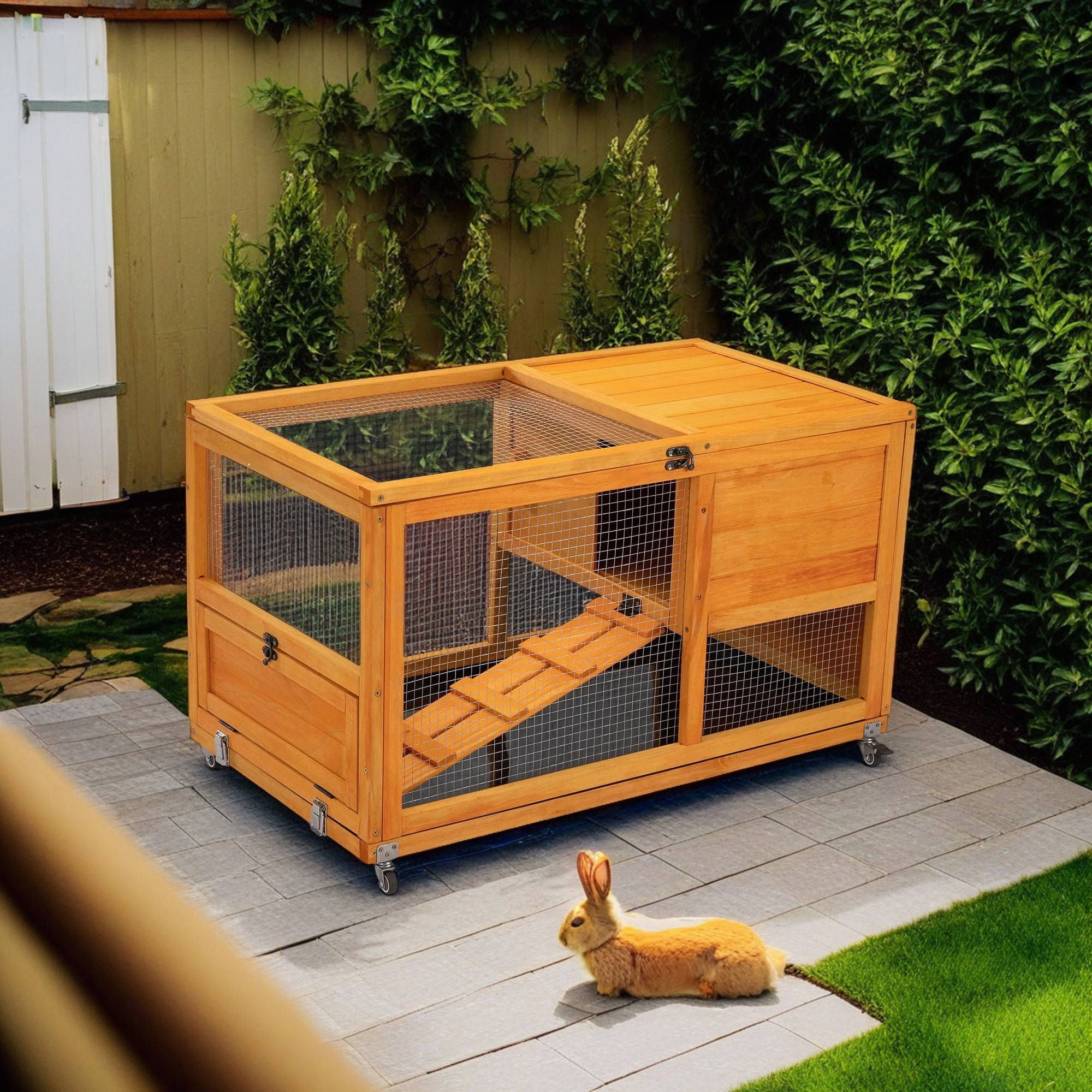 resenkos 35" Outdoor Rabbit Hutch with Wheels, Wood Bunny House with Ramp, Tray, Doors, Openable Top Small Animal Pet Cage, Orange