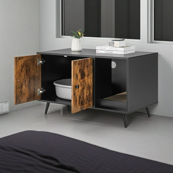 Demi Bonn 35" Pets Tiger Large Cat Litter Box Furniture Hidden, Pet House Enclosure, Cat House Washroom Cabinet Stool, Black