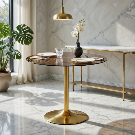 Demi Bonn 35" Ring Glass Round Table with Gold-Plated Metal Base, Modern Dining, Coffee & Office Table for 2-4 People, Gold
