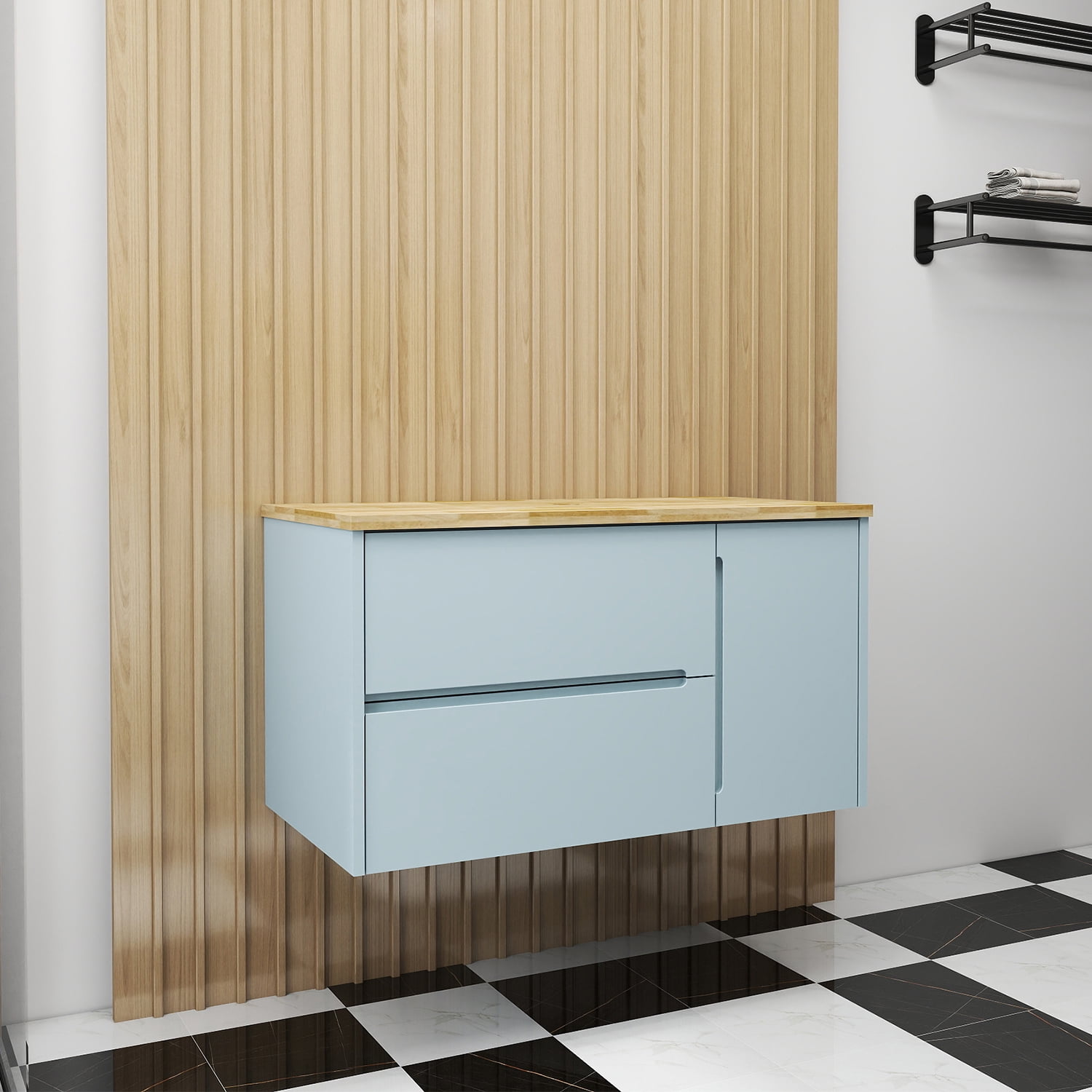 Demi Bonn 35" Single Door Wall Mounted Bathroom Vanities Cabinet with 2 Drawers, Faucets and Drains Not Included, Blue