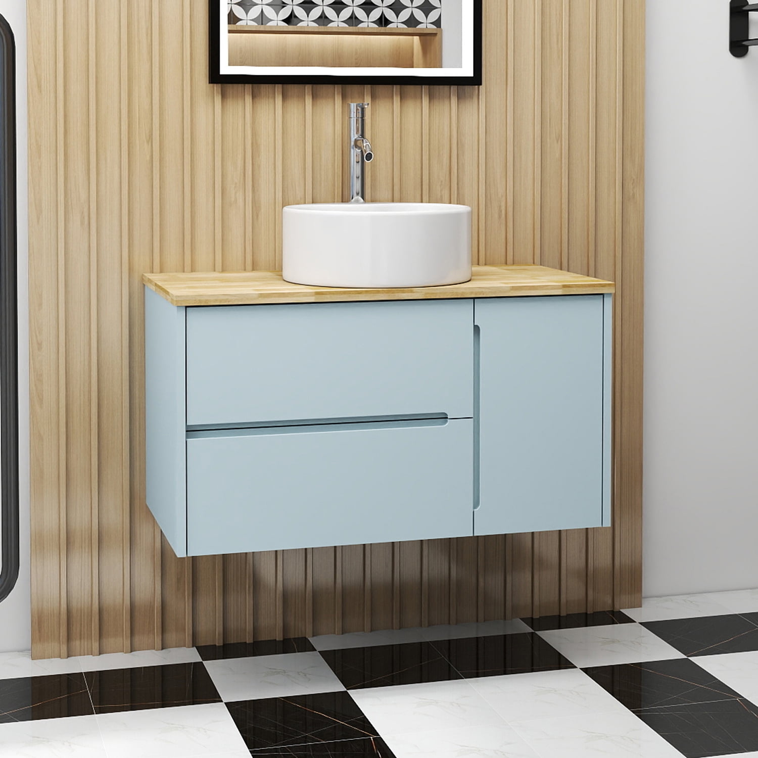 Demi Bonn 35" Single Door Wall Mounted Bathroom Vanities Cabinet with Ceramic Sink, 2 Drawers, Faucets and Drains Not Included, Blue