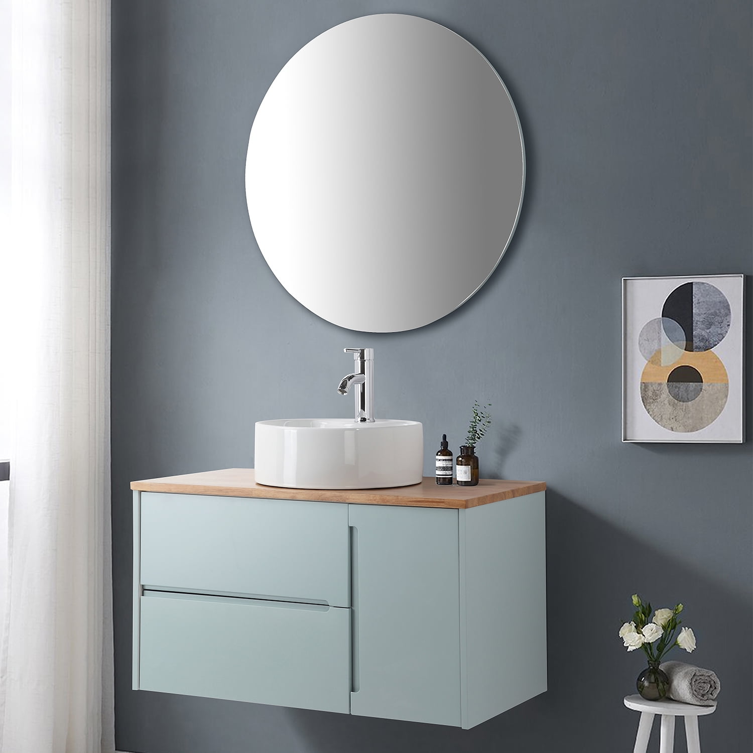 Demi Bonn 35" Single Door Wall Mounted Bathroom Vanities Cabinet with Ceramic Sink, 2 Drawers and Round Mirror, Faucets and Drains Not Included, Blue
