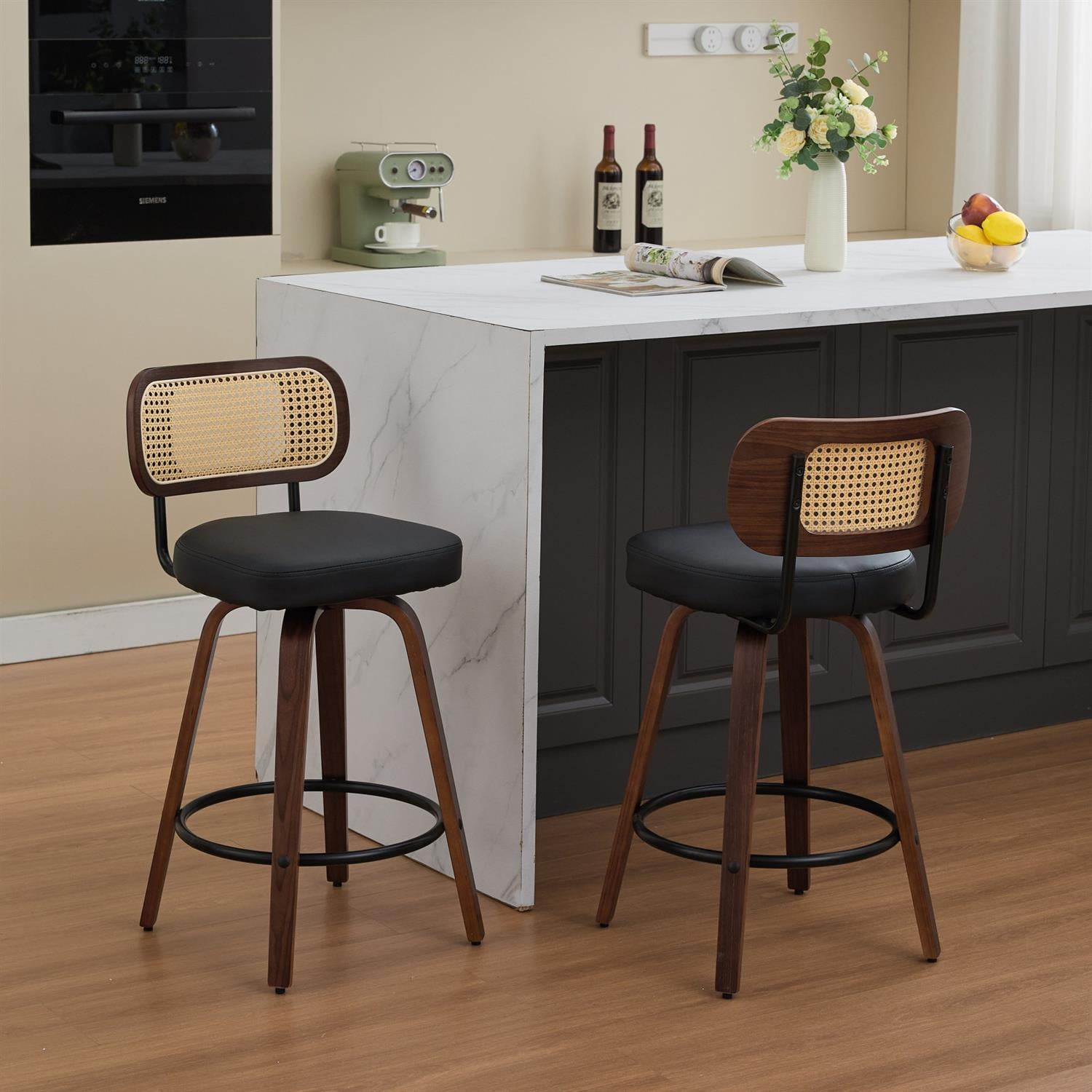 Demi Bonn 35" Swivel Bar Stools Set of 2 with Upholstered Faux Leather, Rattan Back & Bentwood Legs, Counter Height Stools for Kitchen or Bar Seating, Black