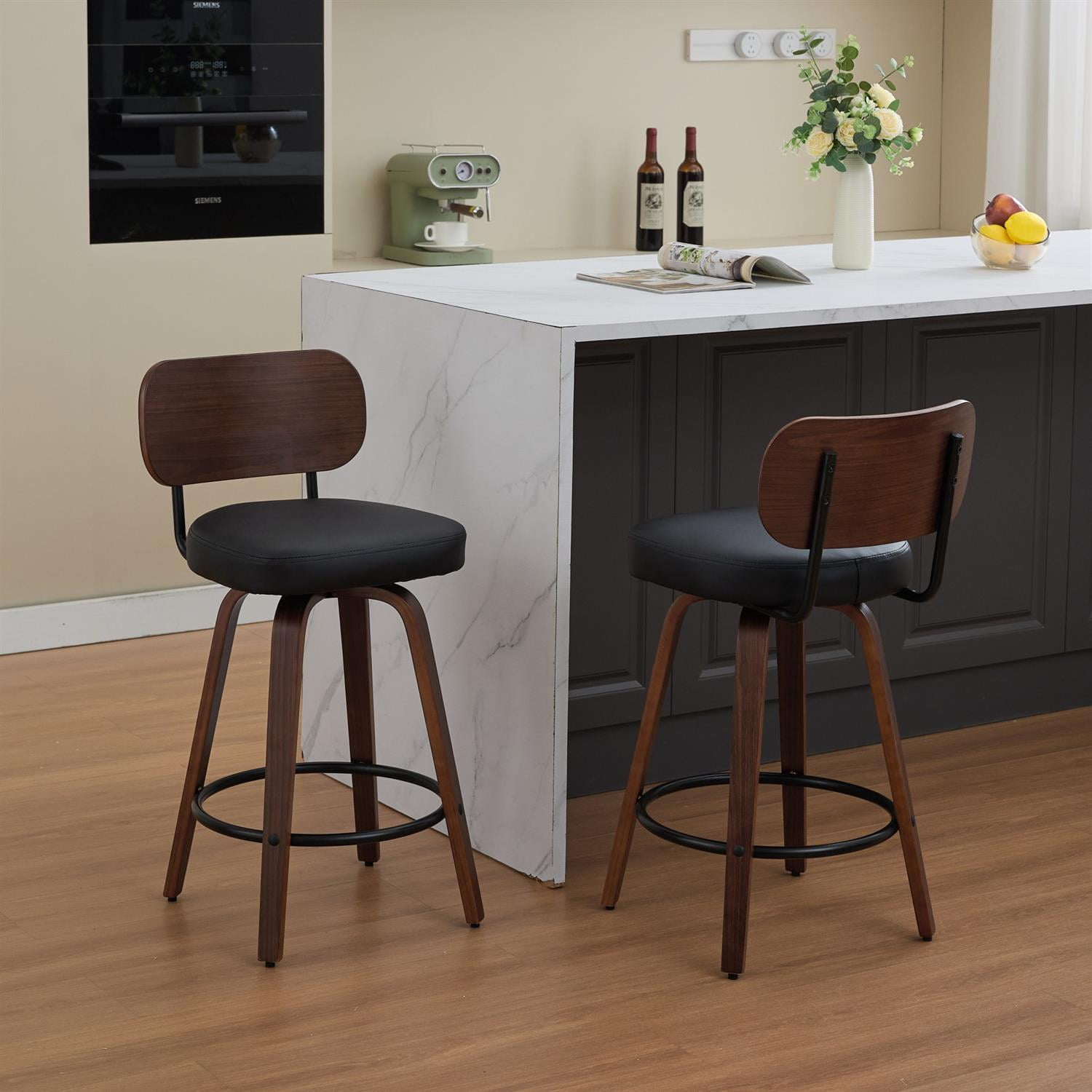 Demi Bonn 35" Swivel Bar Stools Set of 2 with Upholstered Faux Leather， Walnut Back & Bentwood Legs, Counter Height Stools for Kitchen or Bar Seating, Black