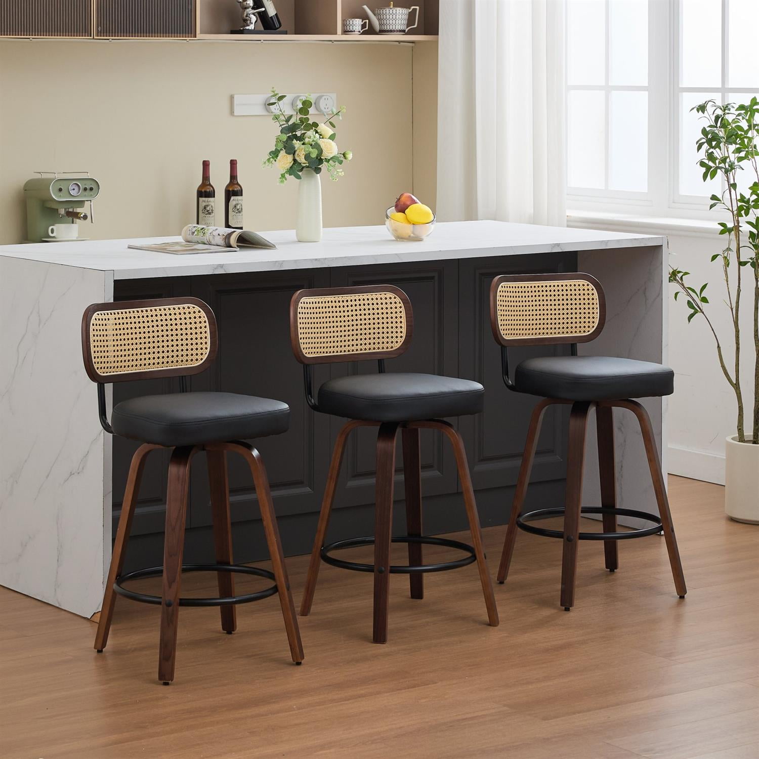 Demi Bonn 35" Swivel Bar Stools Set of 3 with Upholstered Faux Leather, Rattan Back & Bentwood Legs, Counter Height Stools for Kitchen or Bar Seating, Black