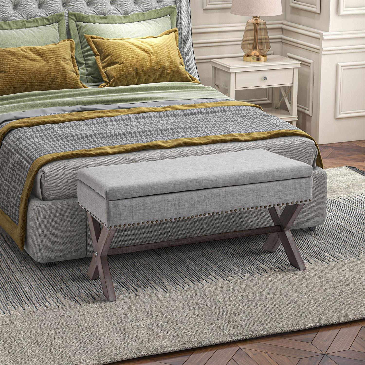 Demi Bonn 35" Upholstered Storage Bench with Hidden Space and Wood Legs for Living Room, Entryway and Bedroom Spaces, Gray
