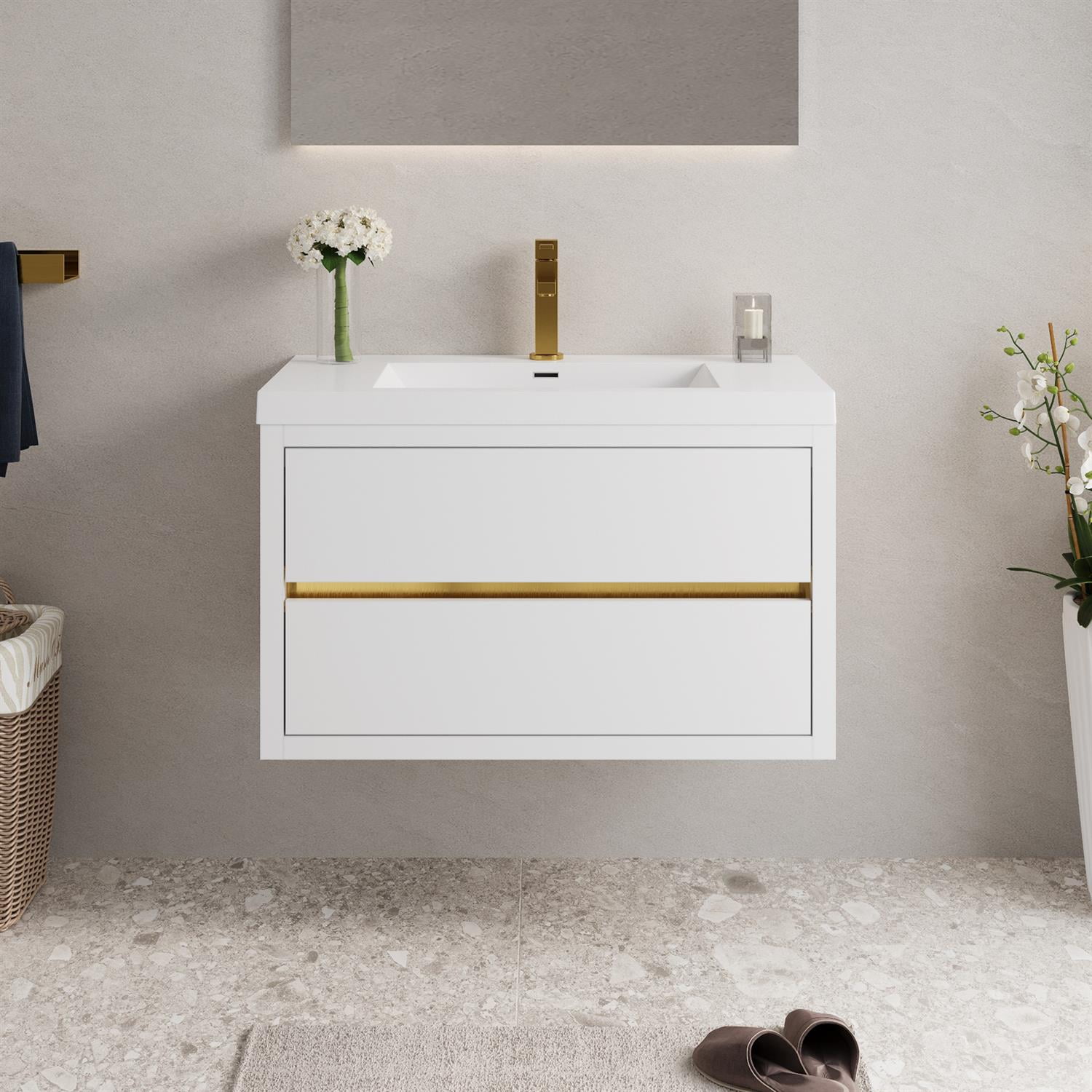 Demi Bonn 35" Wall-Mounted Bathroom Vanity with Sink, Stone Resin Countertop and 2 Soft Close Drawers, Faucets and Drains Not Included, White
