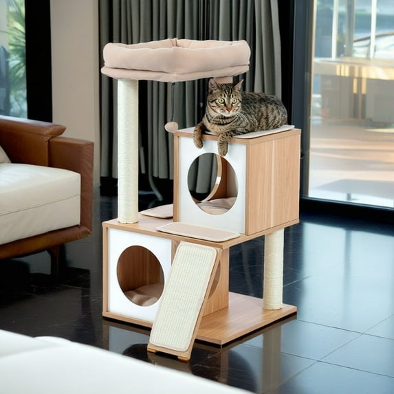 Demi Bonn 35" Wood Cat Tree Tower with 2 Super Large Condo, Fully Scratching Posts and Removable Soft Perches Cat Tree Houses for Indoor Kittens, Beige